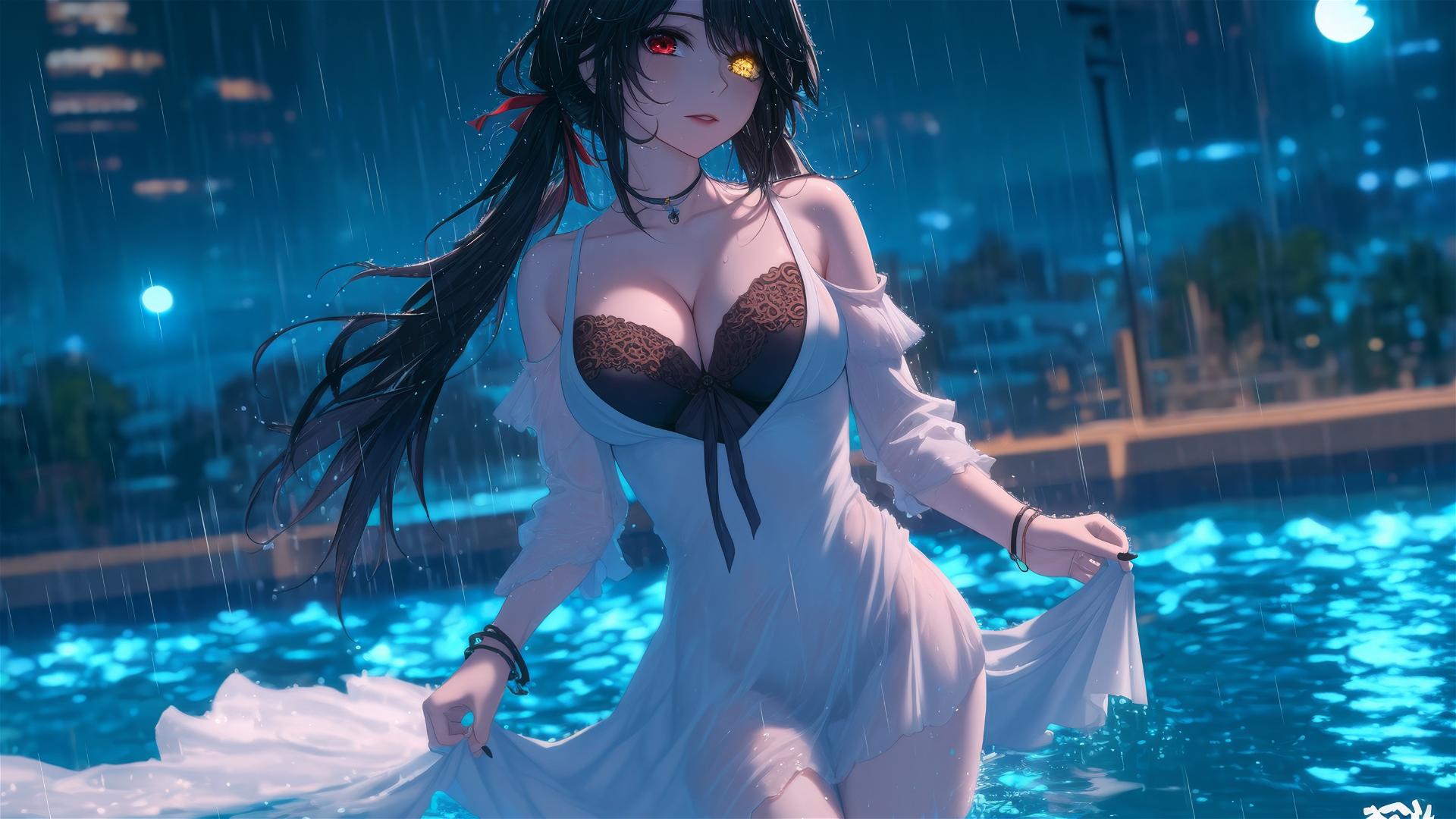Kurumi Tokisaki standing in a rainy pool with moonlight, wearing white dress, one red eye, one yellow eye.