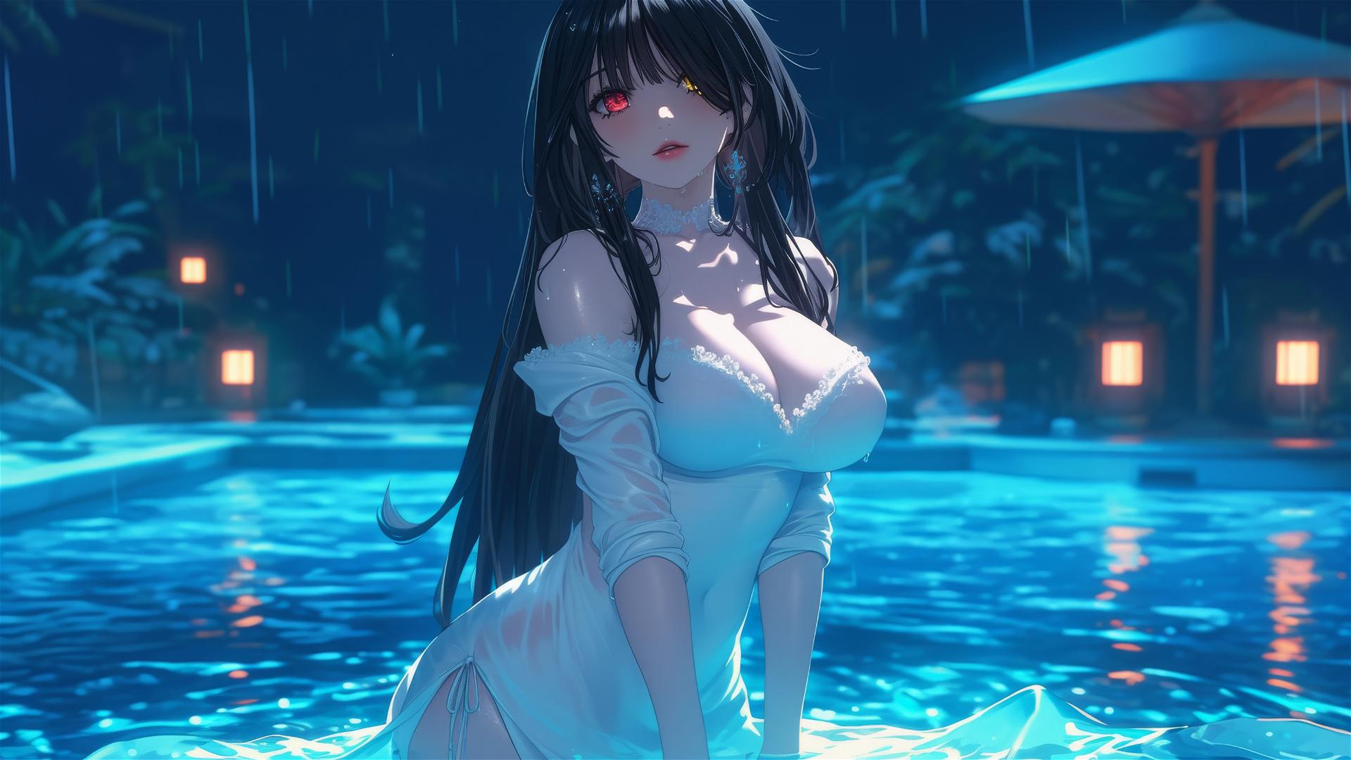 Kurumi Tokisaki from Date A Live standing in a rainy swimming pool under moonlight