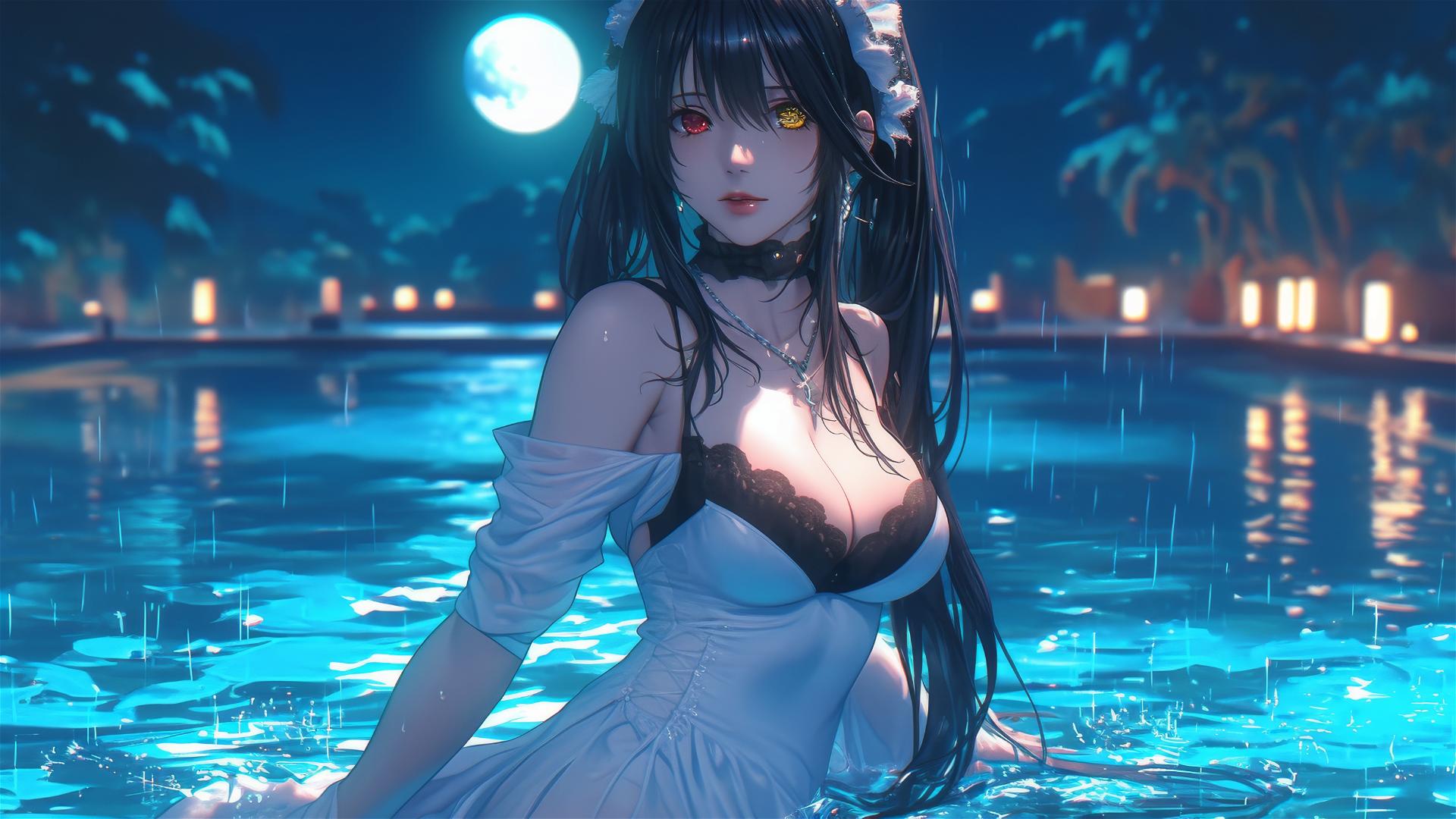 Kurumi Tokisaki from Date A Live stands in a rainy swimming pool with moonlight casting a soft glow. She wears a pure white dress and has one red and one yellow eye.