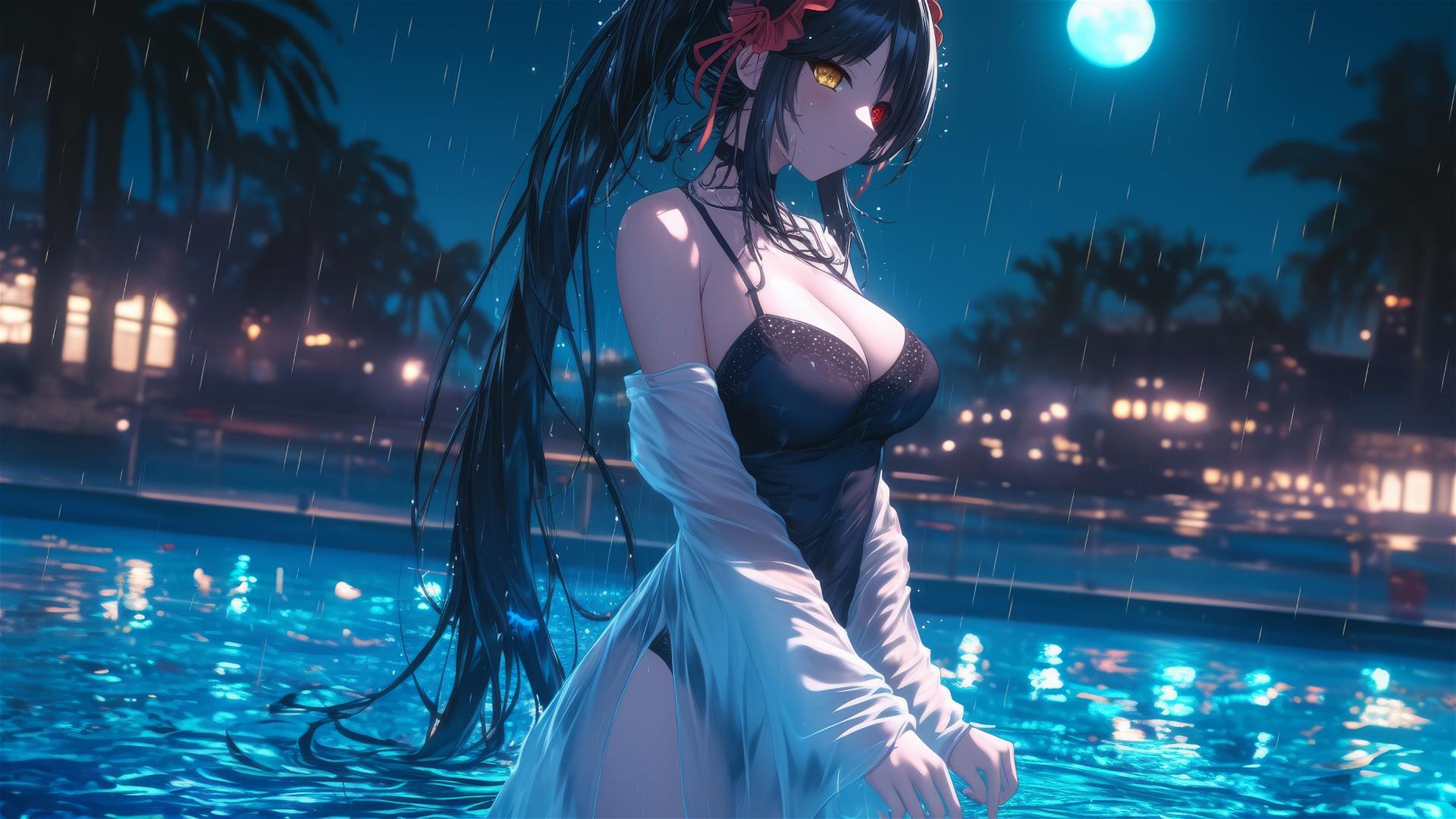 Kurumi Tokisaki in a white dress standing in a rainy pool with moonlight