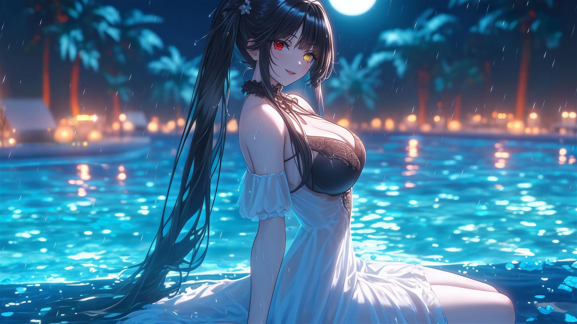 Kurumi Tokisaki stands in a rainy pool, moonlight glow, white dress, red and yellow eyes.
