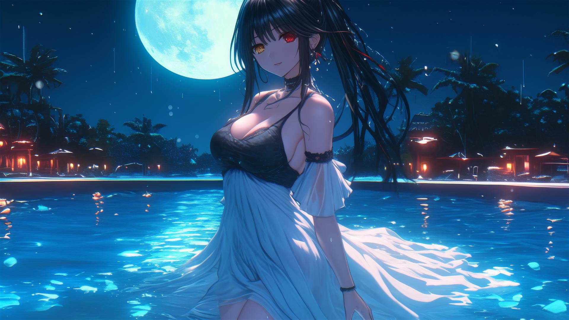 Kurumi Tokisaki from Date A Live in a rainy pool with moonlight and heterochromatic eyes.