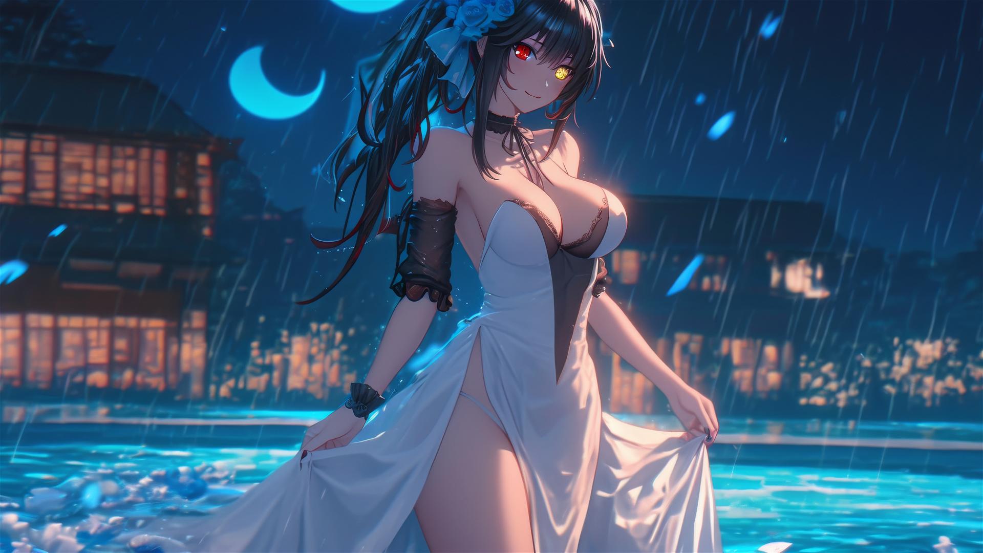 Kurumi Tokisaki from Date A Live in a white dress, standing in a rainy pool under moonlight.