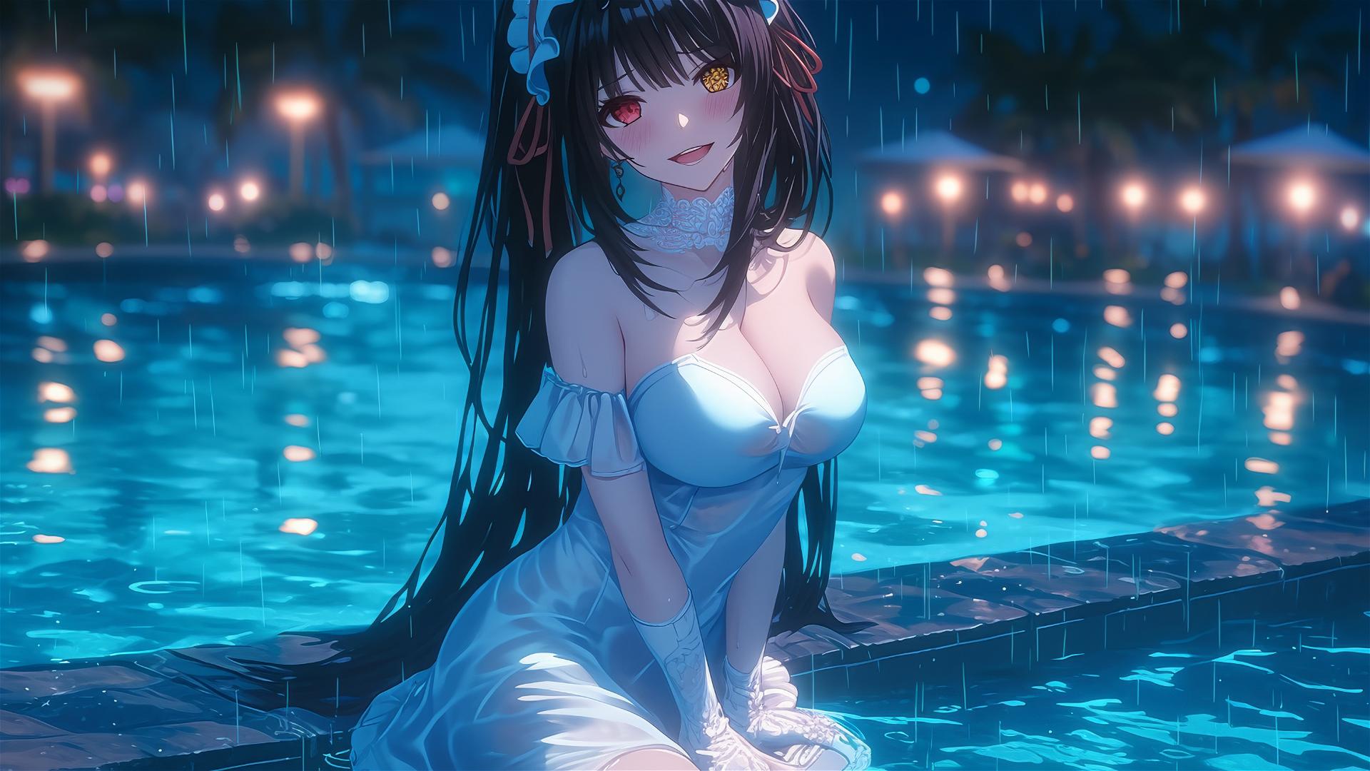 Kurumi Tokisaki standing in a rainy swimming pool with moonlight glow