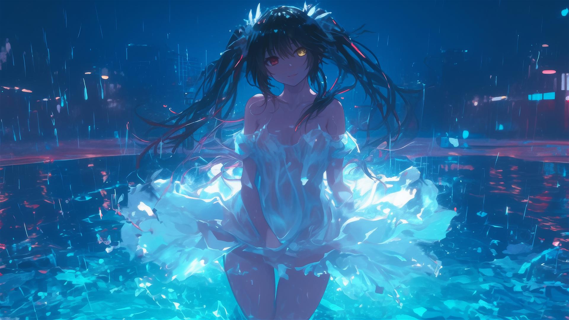 Kurumi Tokisaki standing in a rainy swimming pool under moonlight wearing white dress