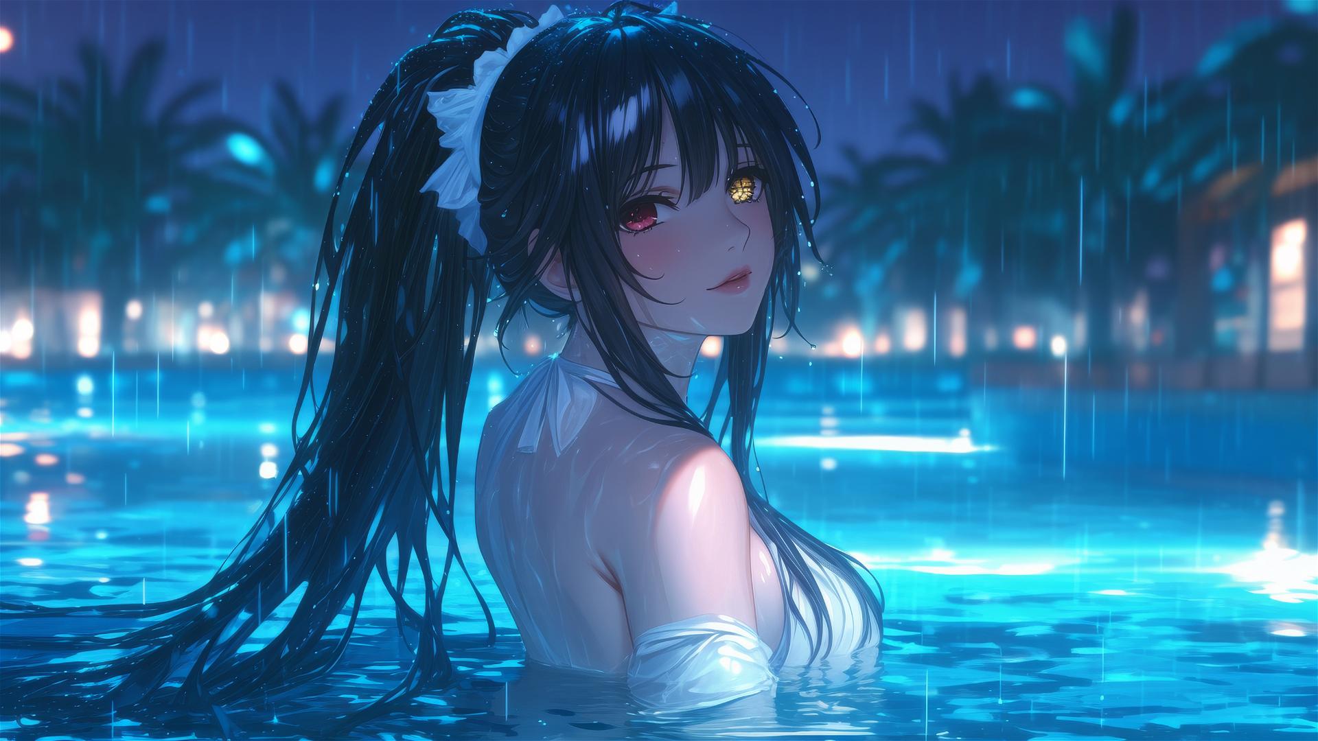 Kurumi Tokisaki from Date A Live in a rainy swimming pool with moonlight, white dress, heterochromia