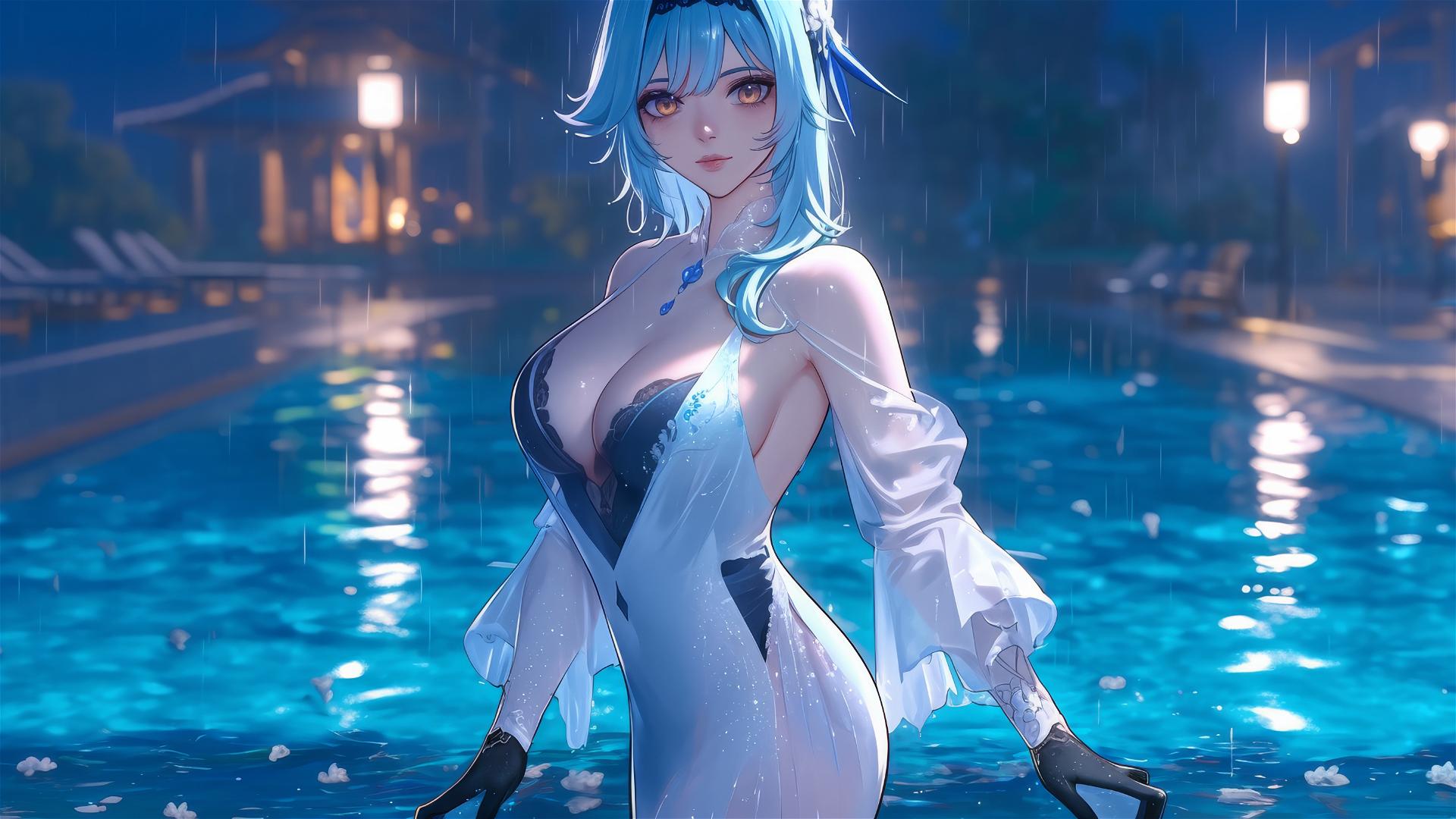 Eula Lawrence standing in a rainy pool with moonlight glow