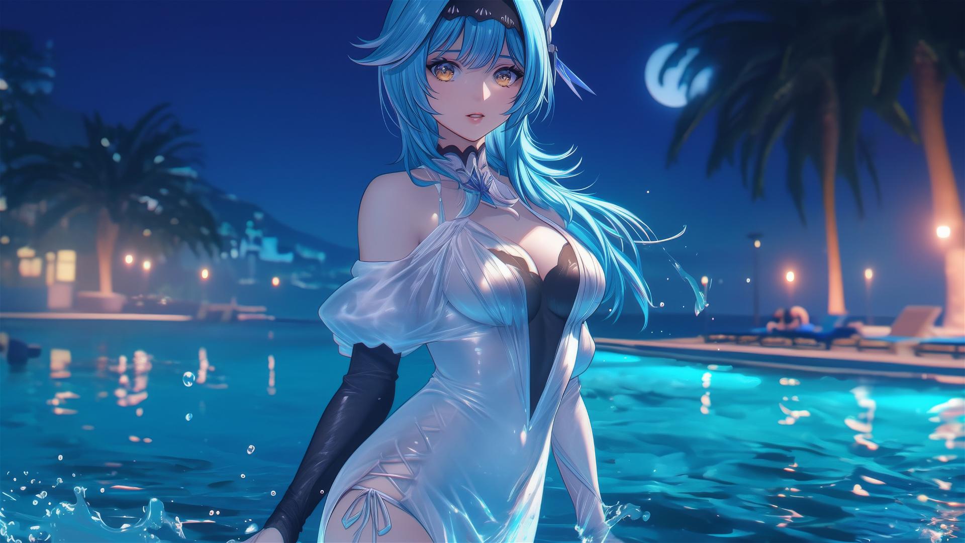 Eula Lawrence in a white dress stands leisurely in a rainy swimming pool under moonlight