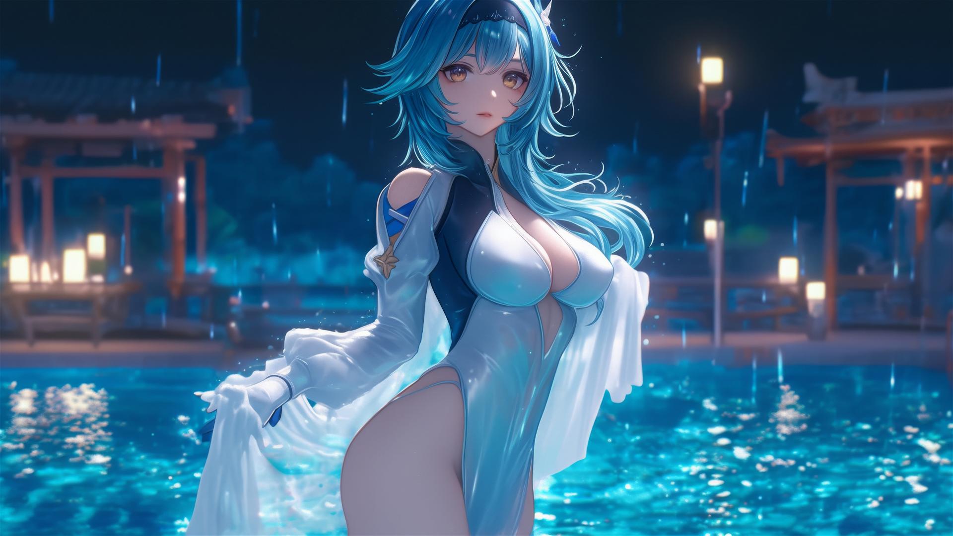 Eula Lawrence in pure white dress, standing in rainy swimming pool, lit by moonlight.