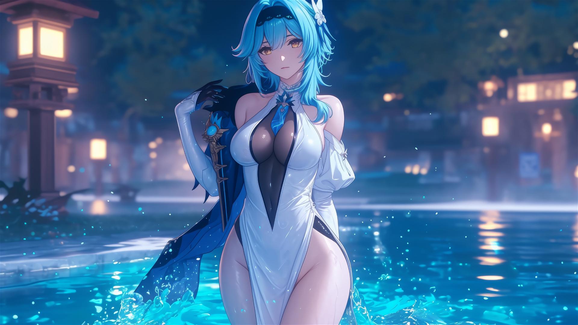 Eula Lawrence in a white dress standing in a rainy swimming pool under moonlight.