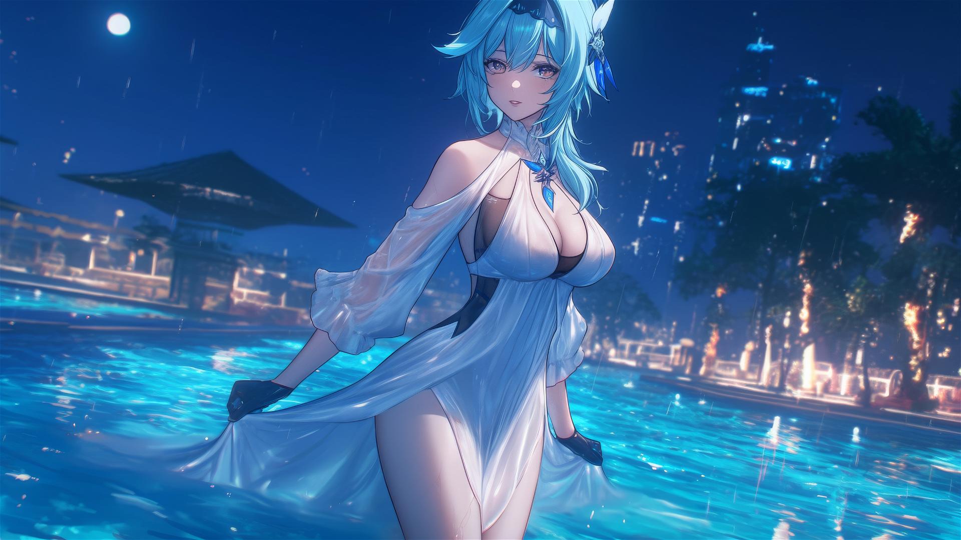 Eula Lawrence in a pure white dress standing in a rainy swimming pool with moonlight glow.