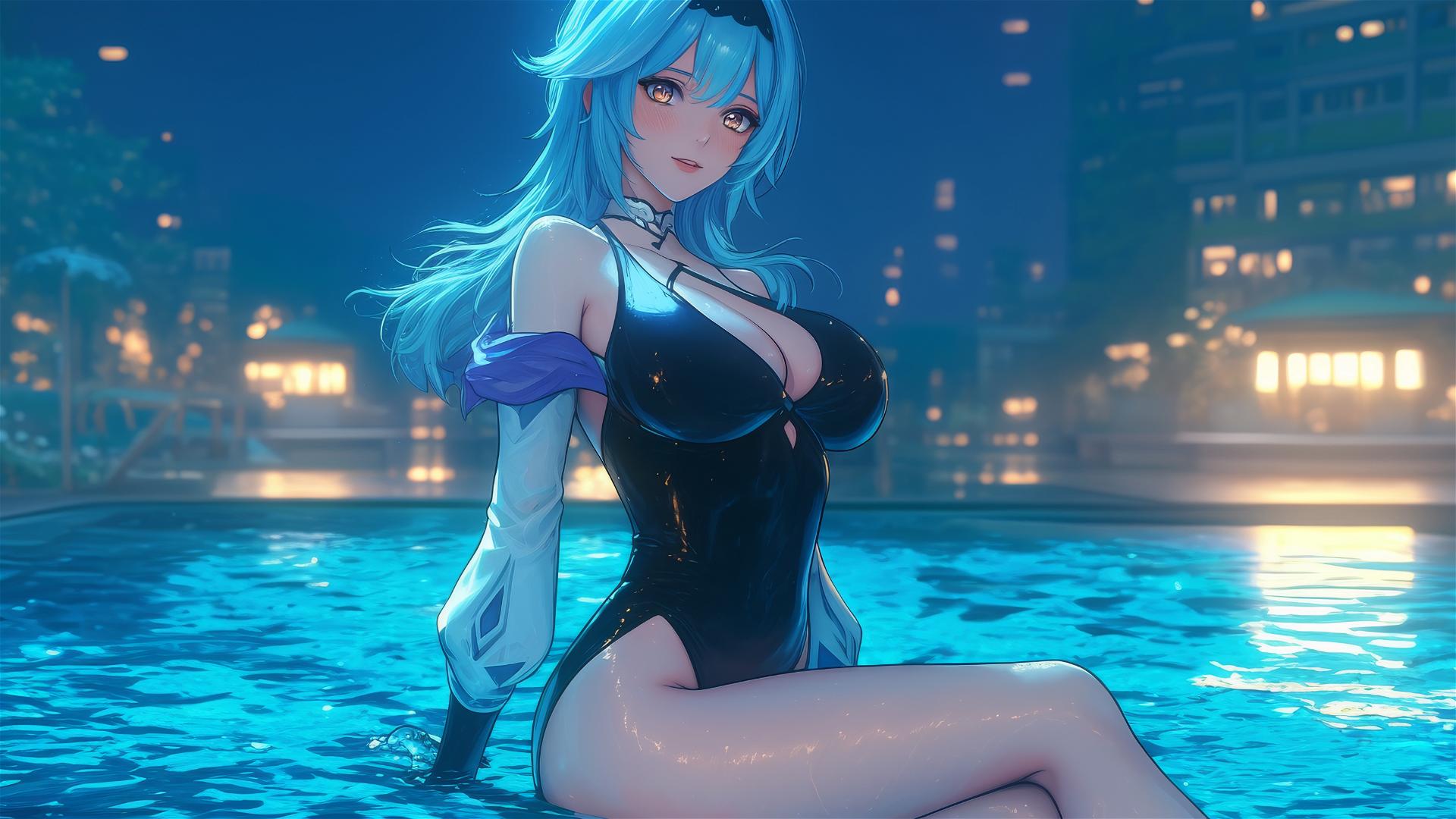 Eula Lawrence from Genshin Impact resting by a swimming pool under moonlight.
