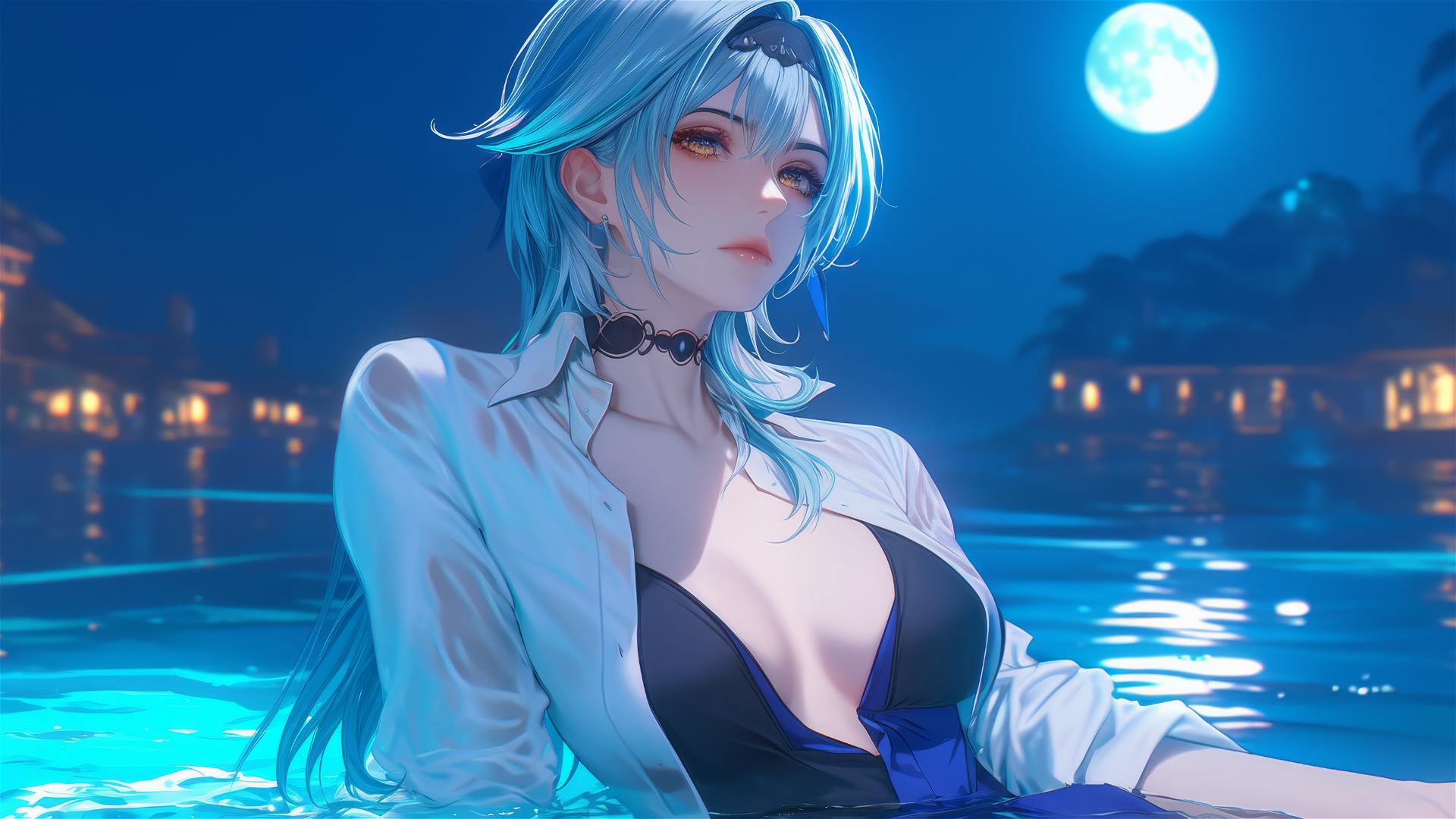 Eula Lawrence from Genshin Impact resting by swimming pool under moonlight