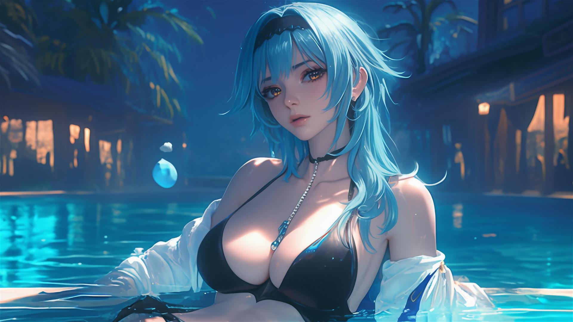 Eula Lawrence resting by the pool under moonlight from Genshin Impact, light blue hair.