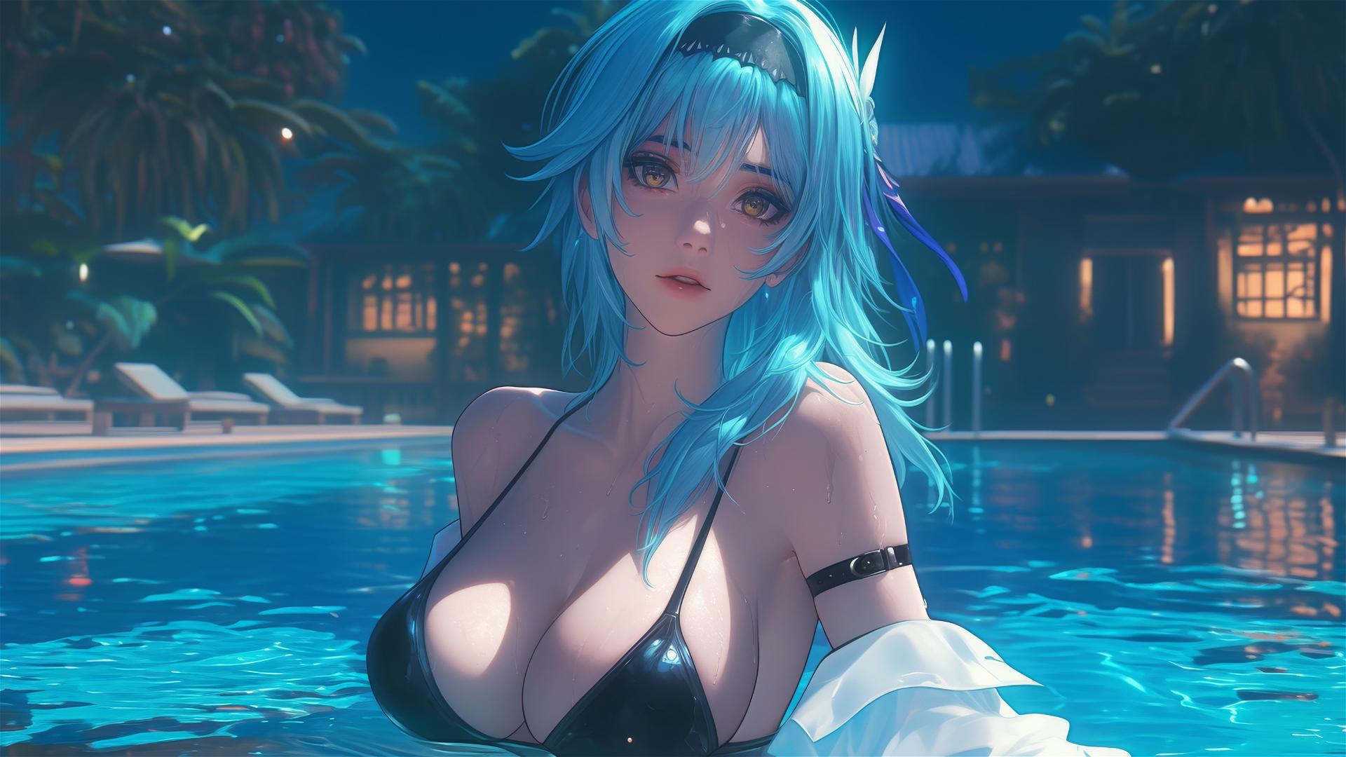 Eula Lawrence from Genshin Impact resting at a swimming pool under moonlight