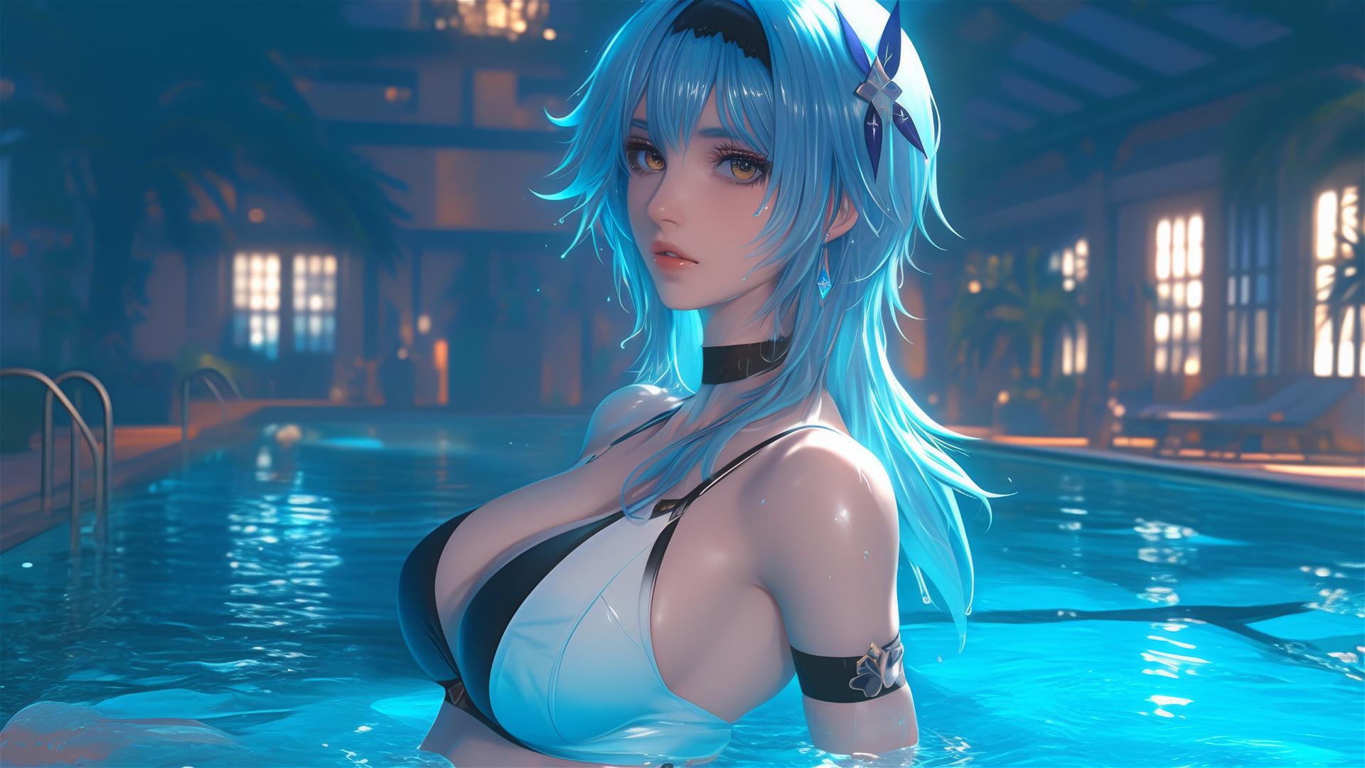 Eula Lawrence resting at a swimming pool under moonlight