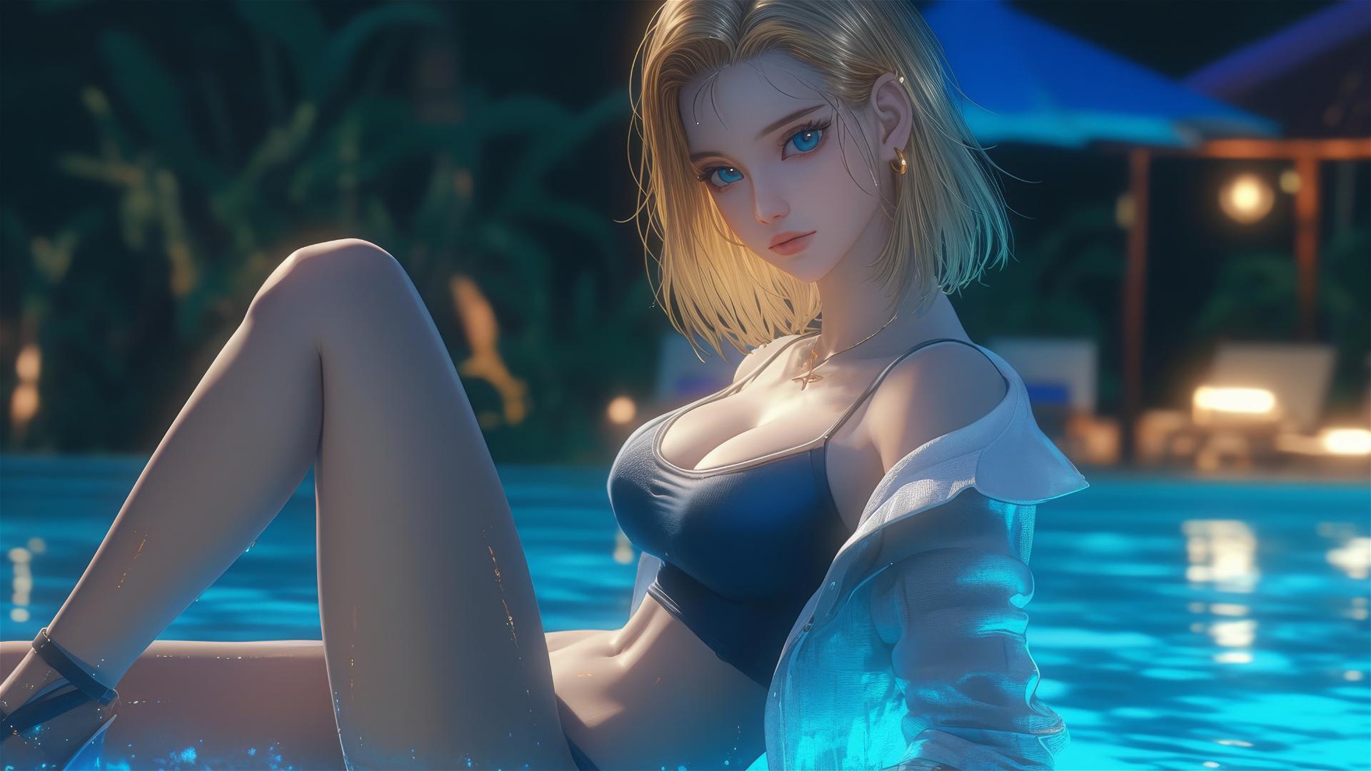 Android 18 resting by a rainy swimming pool in moonlight
