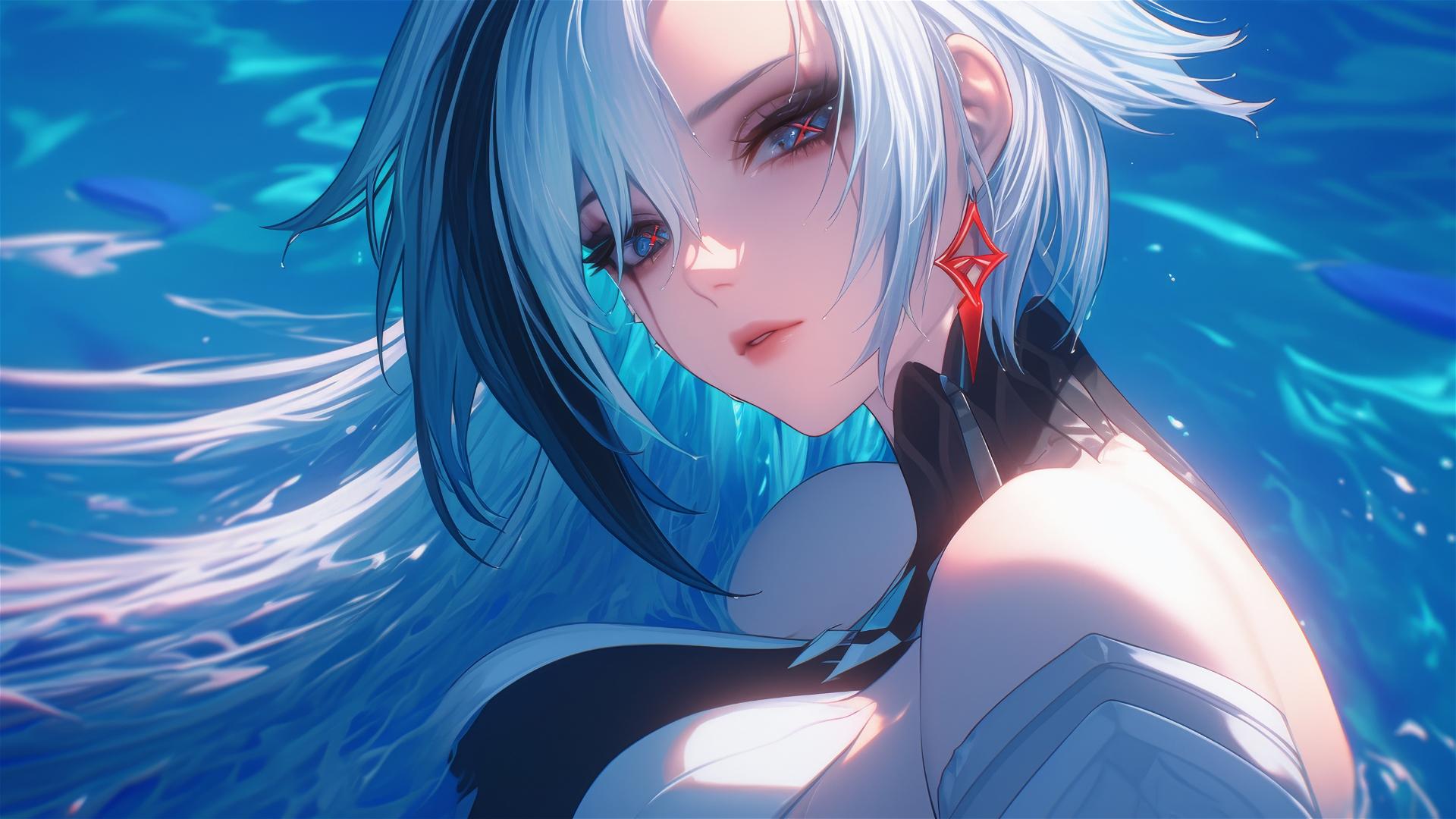 Arlecchino from Genshin Impact with snow white hair and black streaks at a pool under moonlight.