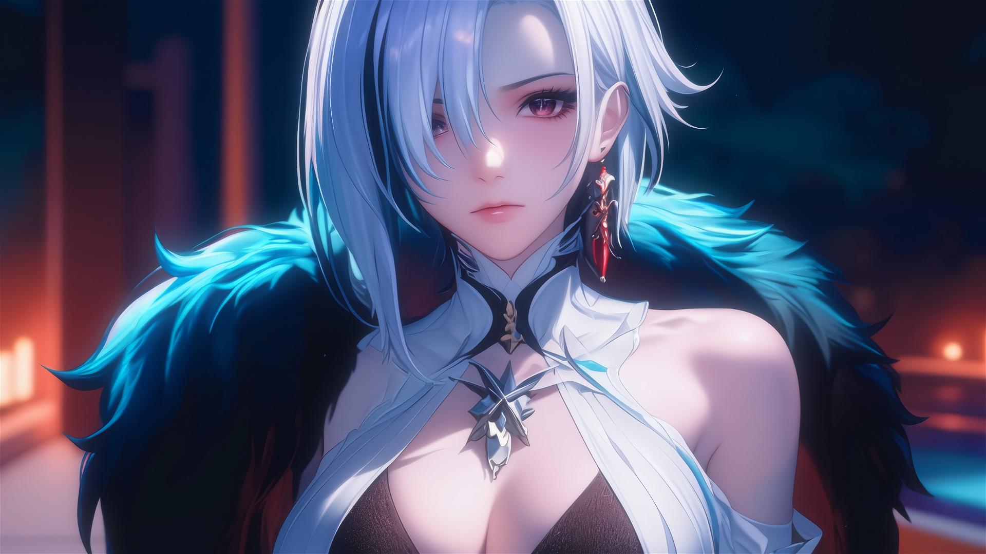 Arlecchino from Genshin Impact with snow white hair and red x-shaped pupils, resting by a moonlit swimming pool.