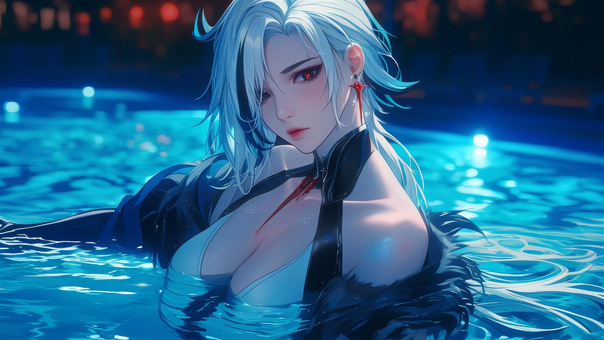 Arlecchino from Genshin Impact with white hair and black streaks, resting by a pool under moonlight.