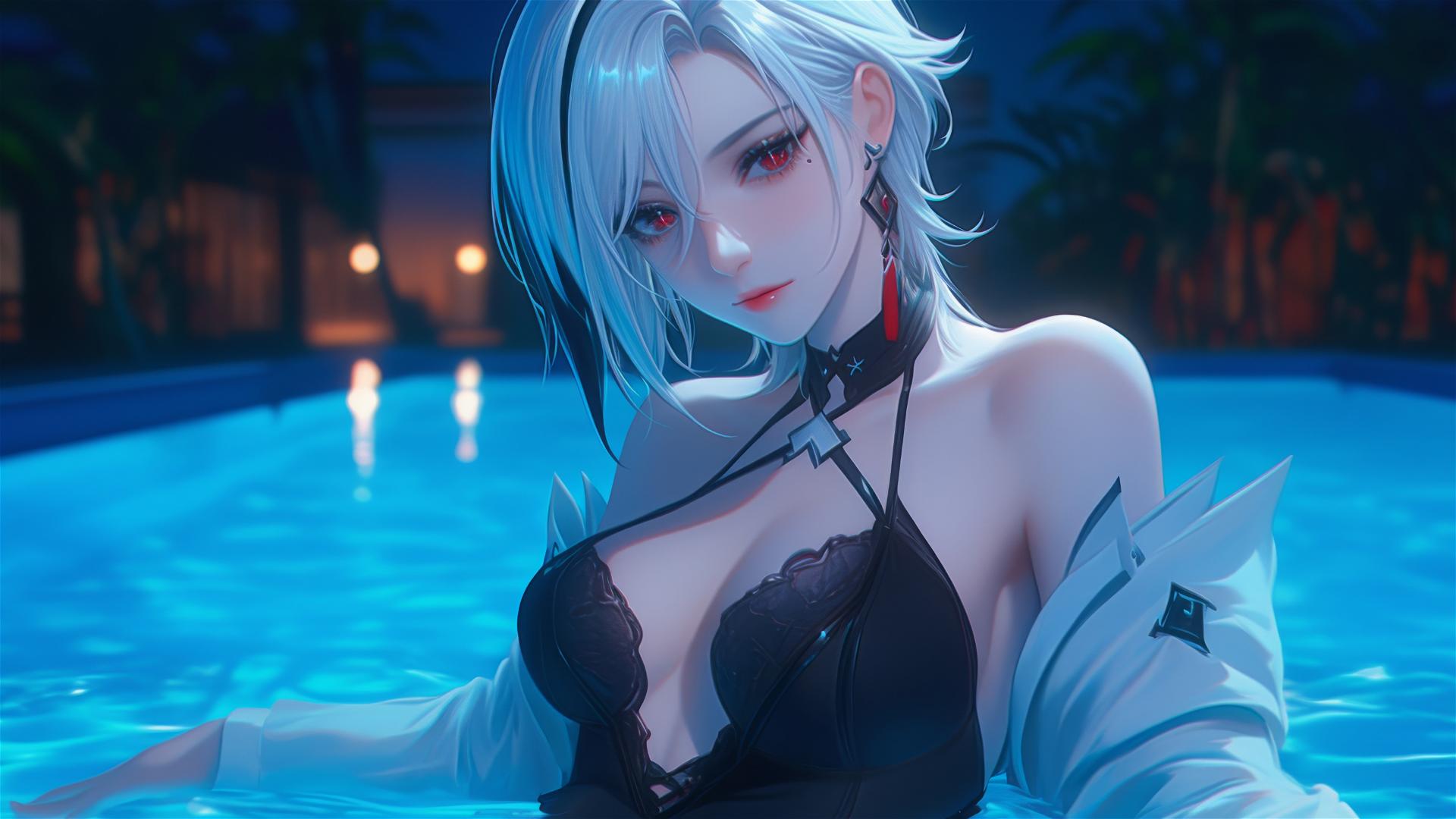 Arlecchino from Genshin Impact, white hair with black streaks, resting by swimming pool under moonlight.