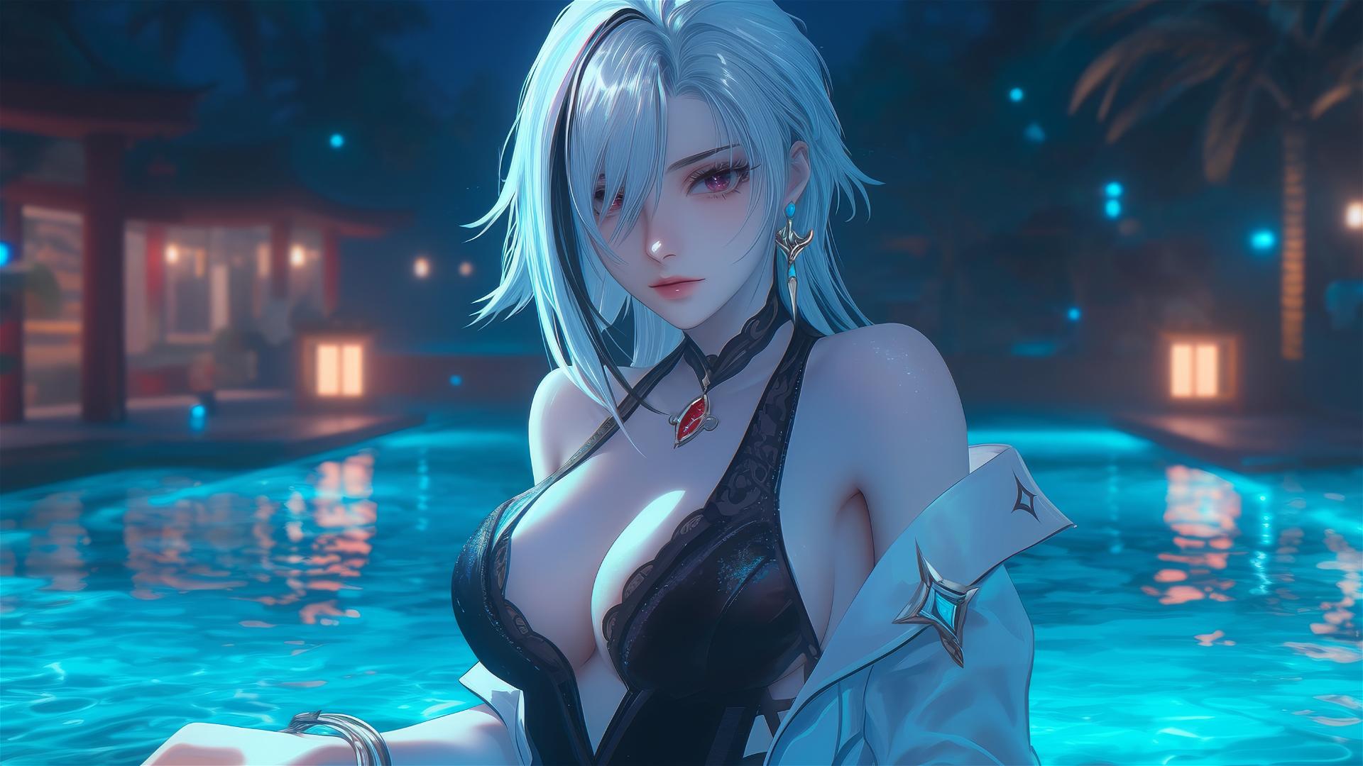 Arlecchino from Genshin Impact with snow white hair and black streaks resting at a pool under moonlight.