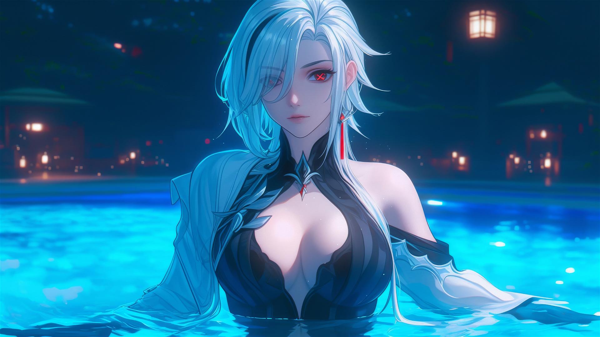 Arlecchino from Genshin Impact with snow white hair, black streaks, at a swimming pool under moonlight.