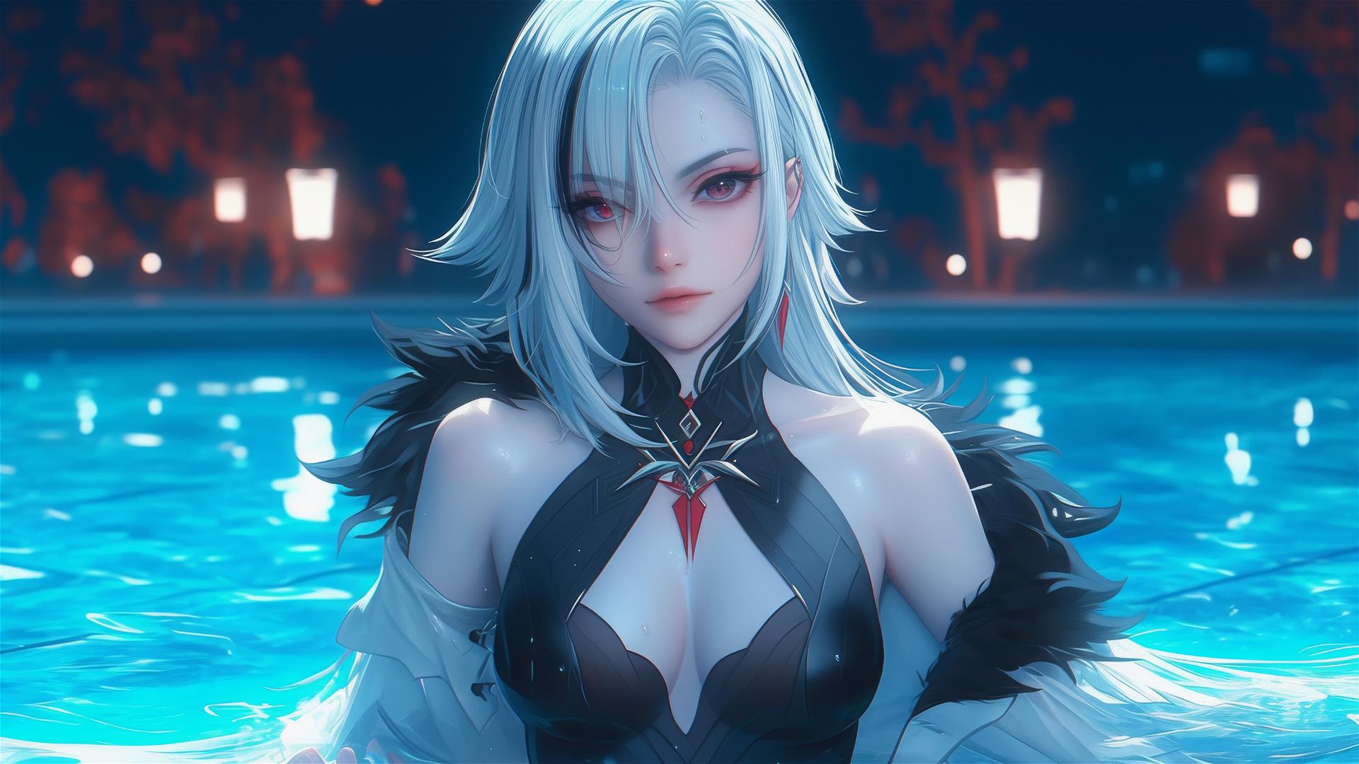 Arlecchino with snow white hair and black streaks, resting by a moonlit pool.