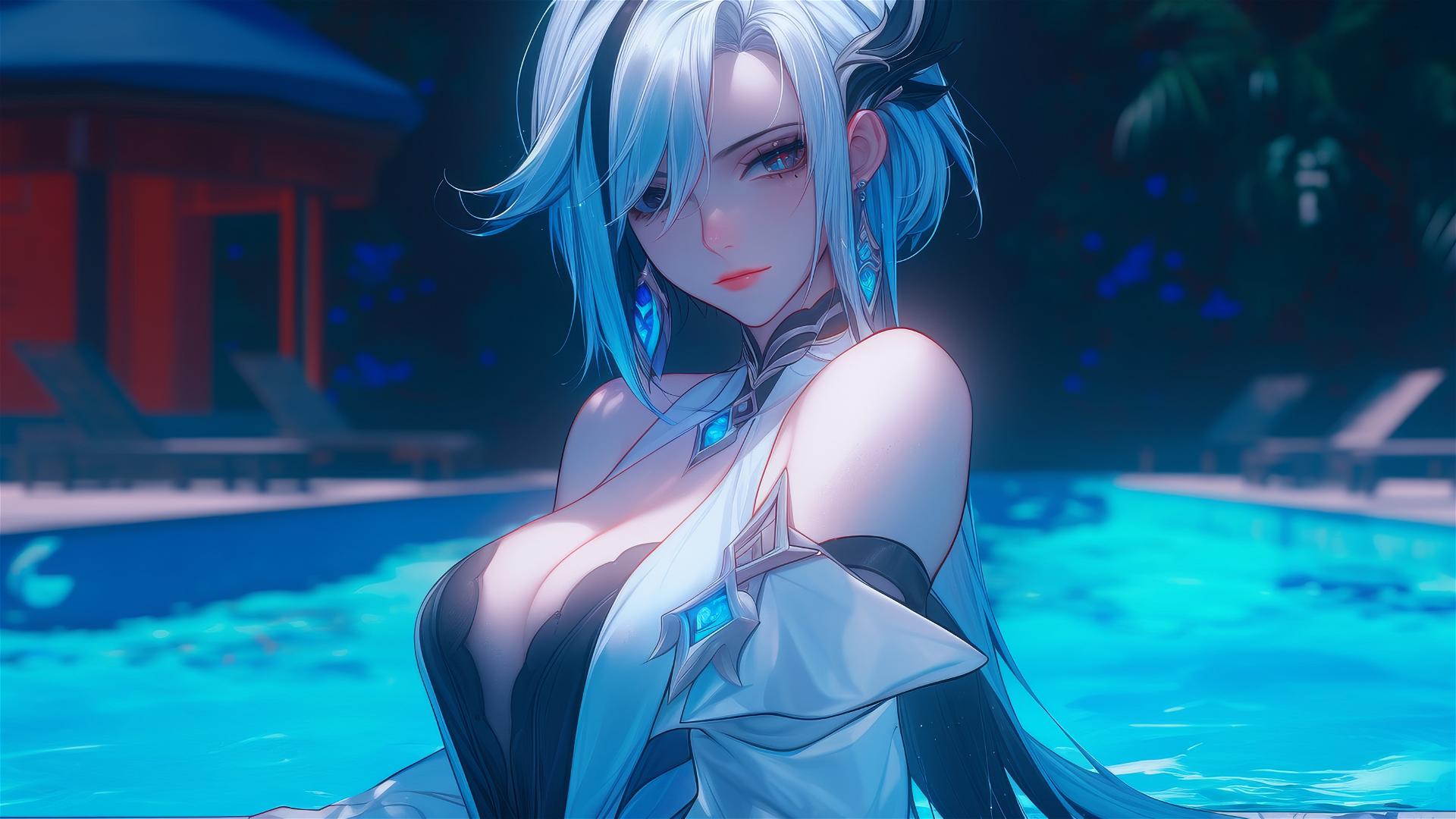 Arlecchino from Genshin Impact with snow white and black streaked hair, resting by a moonlit pool.