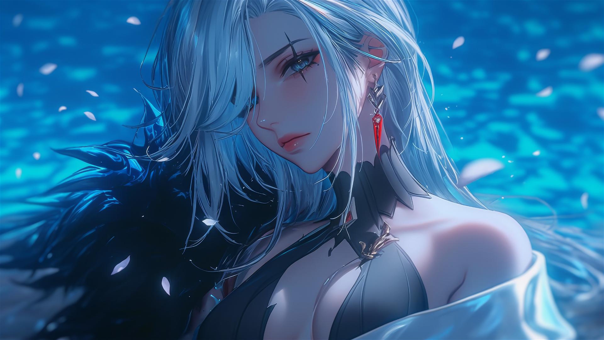 Arlecchino from Genshin Impact with white hair and black streaks by a moonlit pool