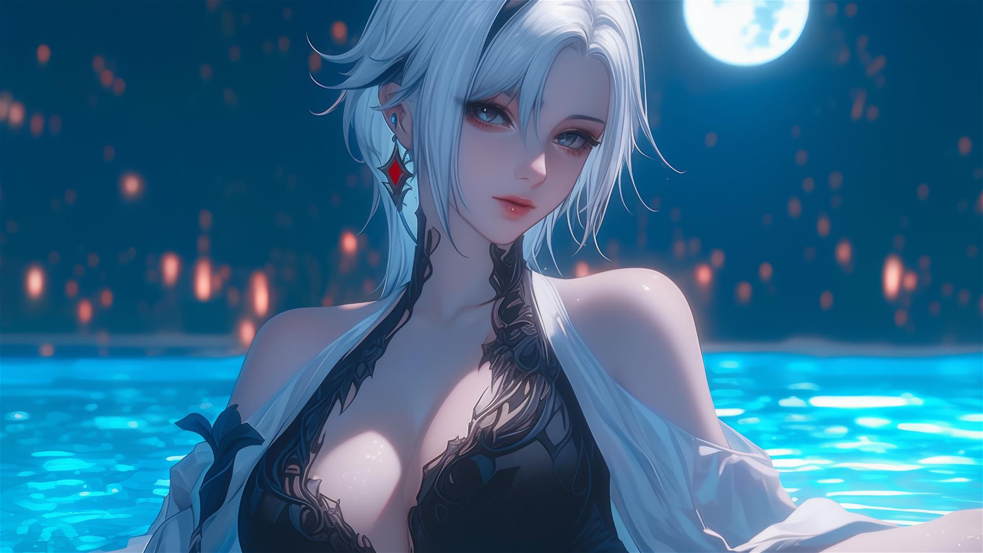 Arlecchino from Genshin Impact with snow white hair and black streaks at swimming pool under moonlight.