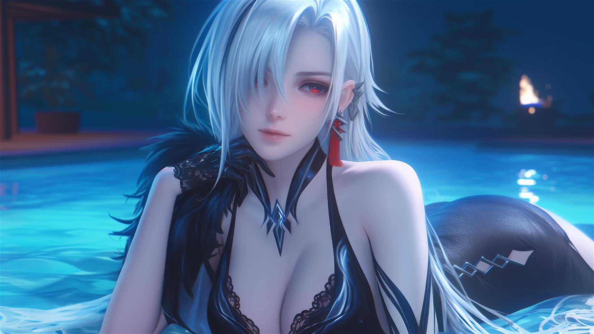 Arlecchino from Genshin Impact with snow white hair and black streaks, resting by a pool under moonlight.