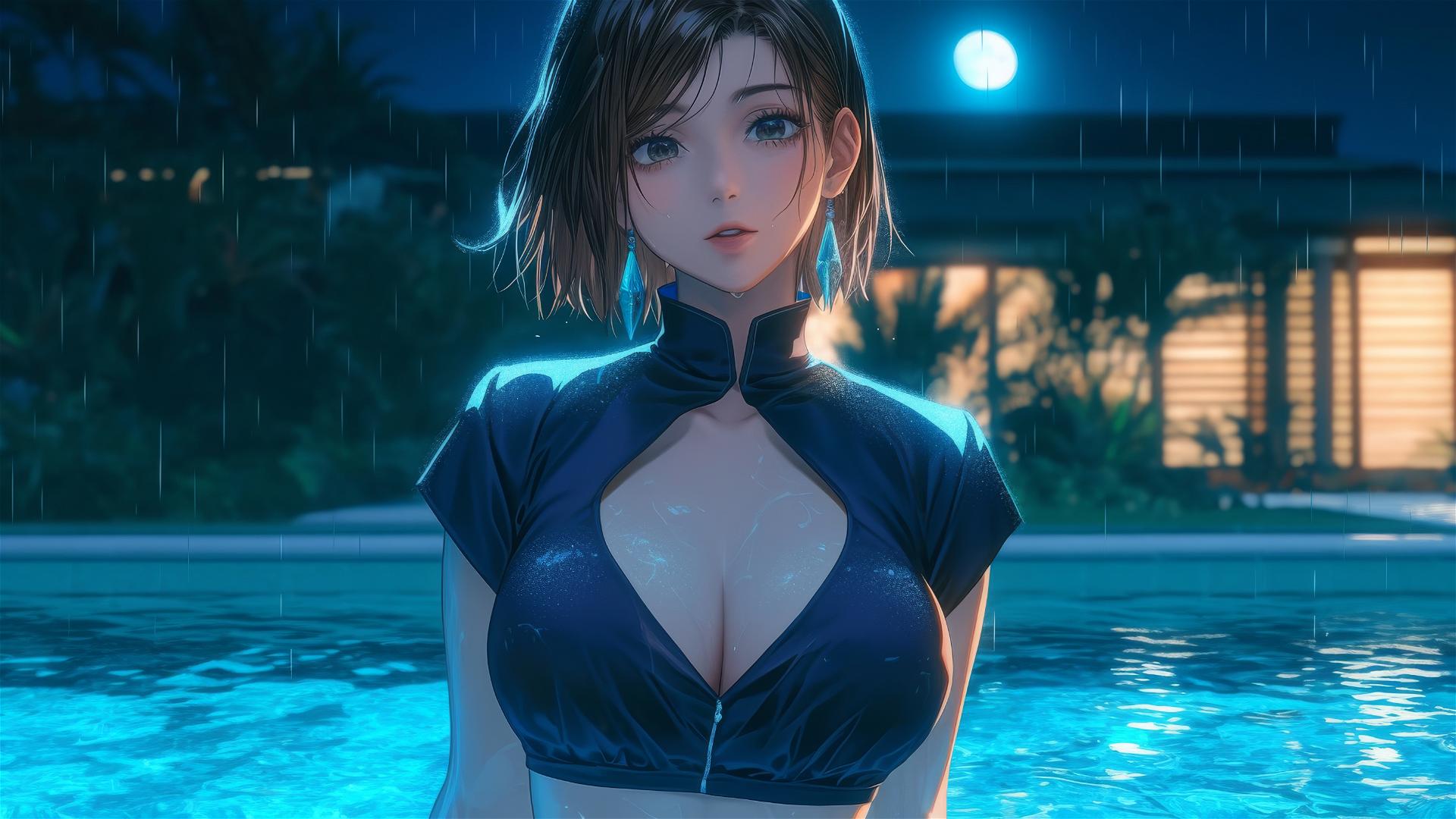Nobara Kugisaki resting by a rainy pool under moonlight