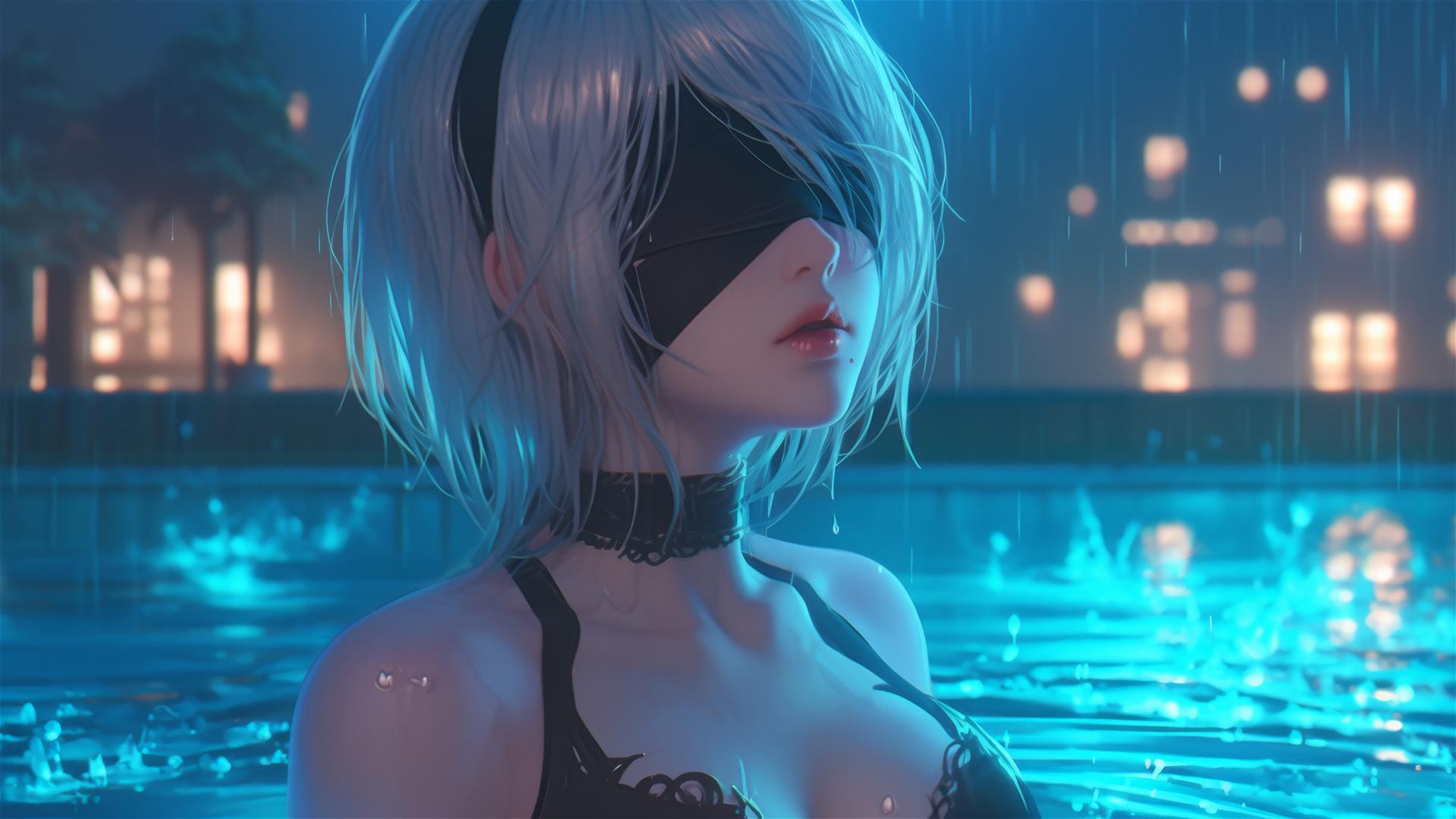 2B from Nier standing at a rainy swimming pool with moonlight glow