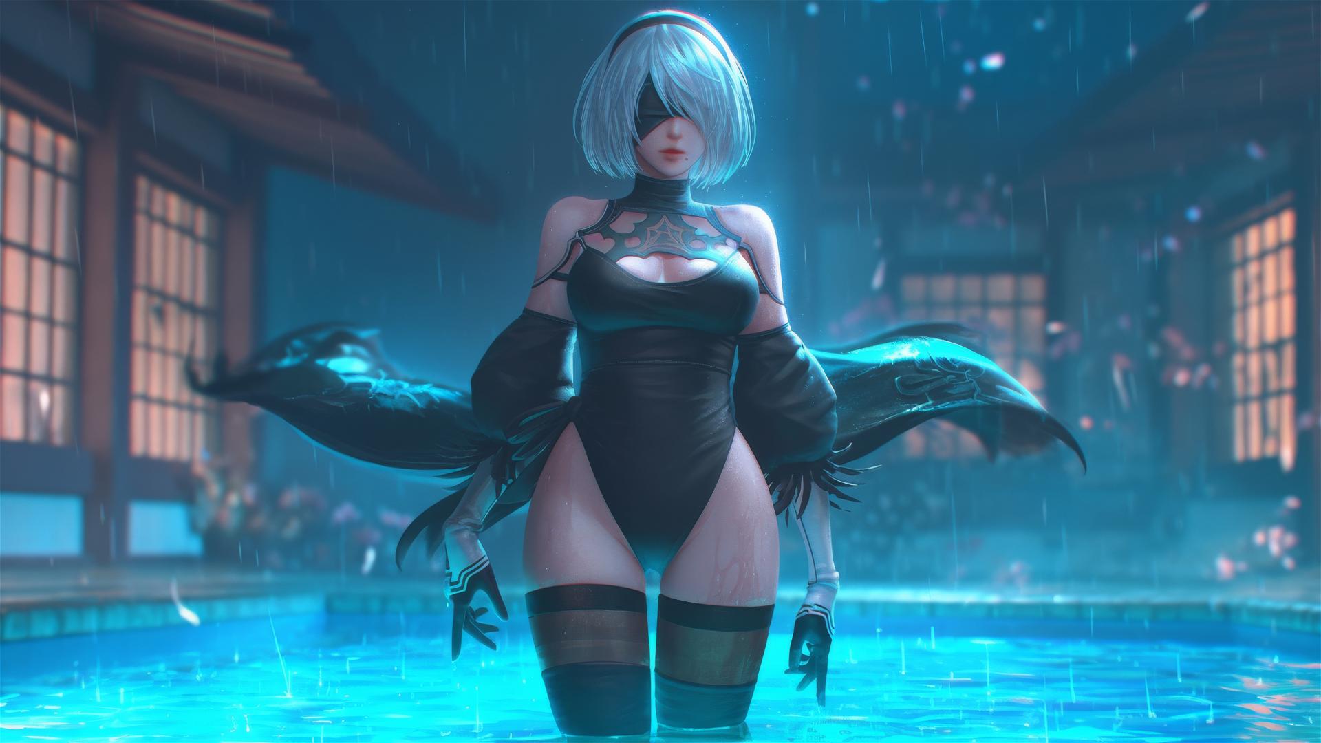 2B from Nier standing leisurely at a rainy swimming pool with moonlight glow