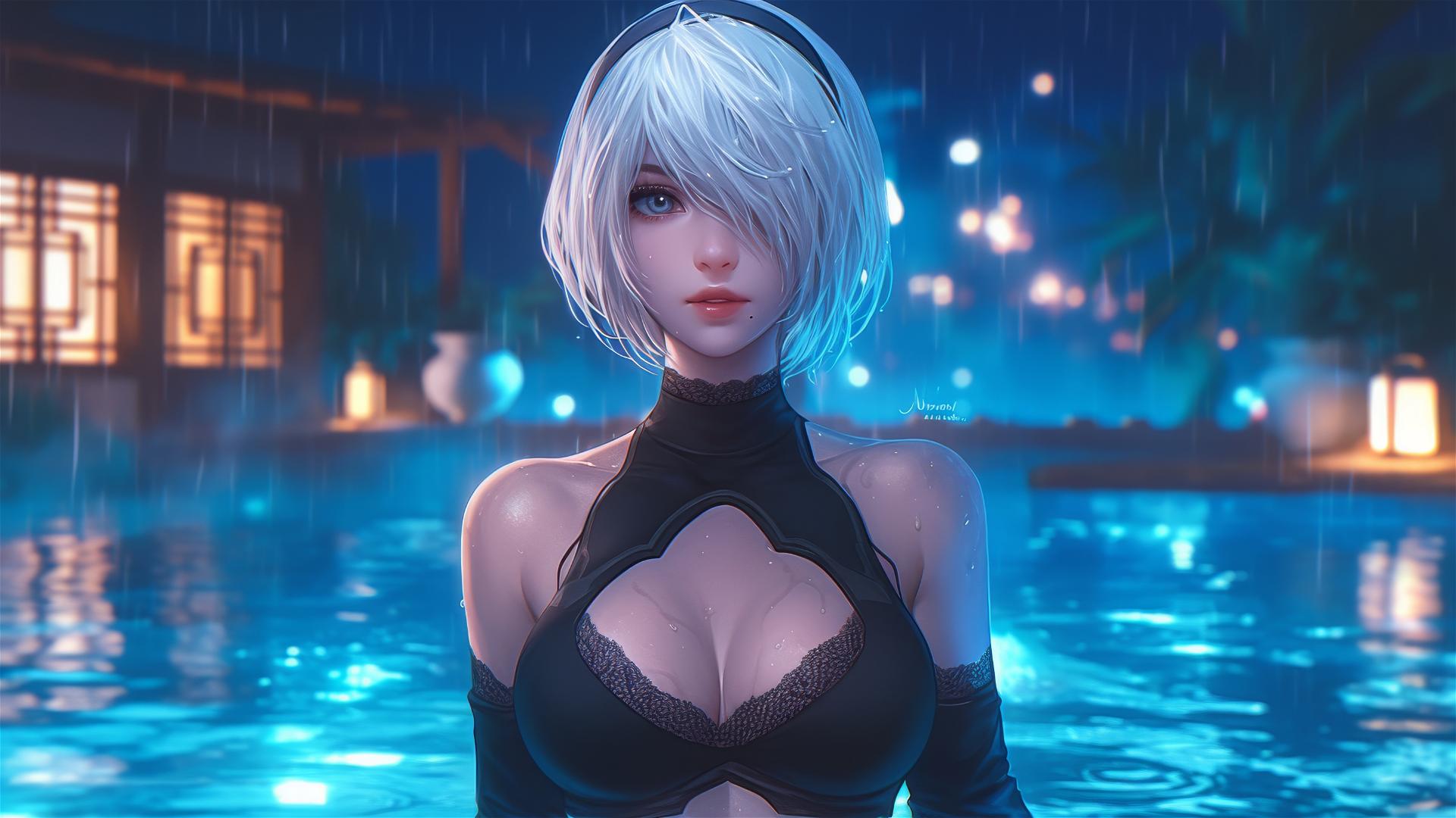 2B from Nier stands by a rainy swimming pool, illuminated by moonlight.