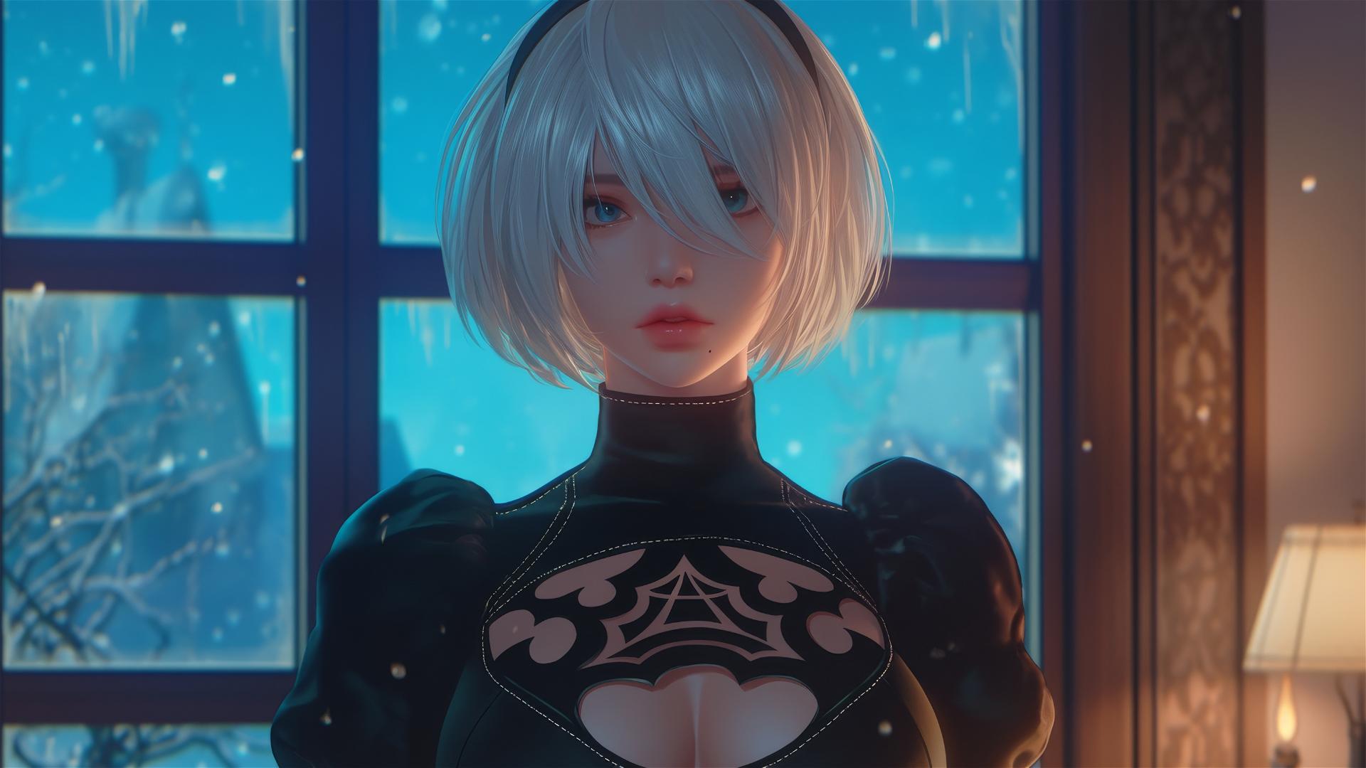 2B from Nier in a modern hotel room with moonlight glow