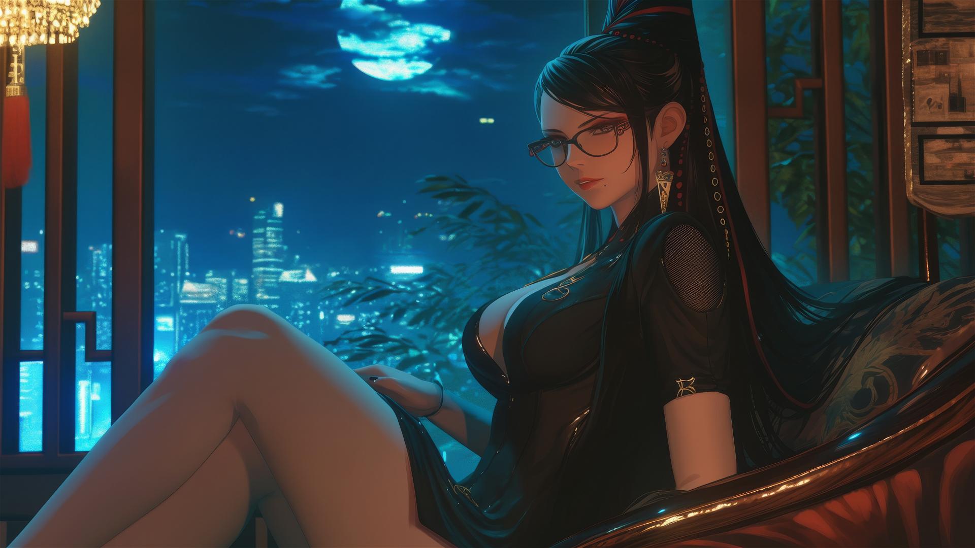 Bayonetta sitting in a modern hotel room with moonlight glow