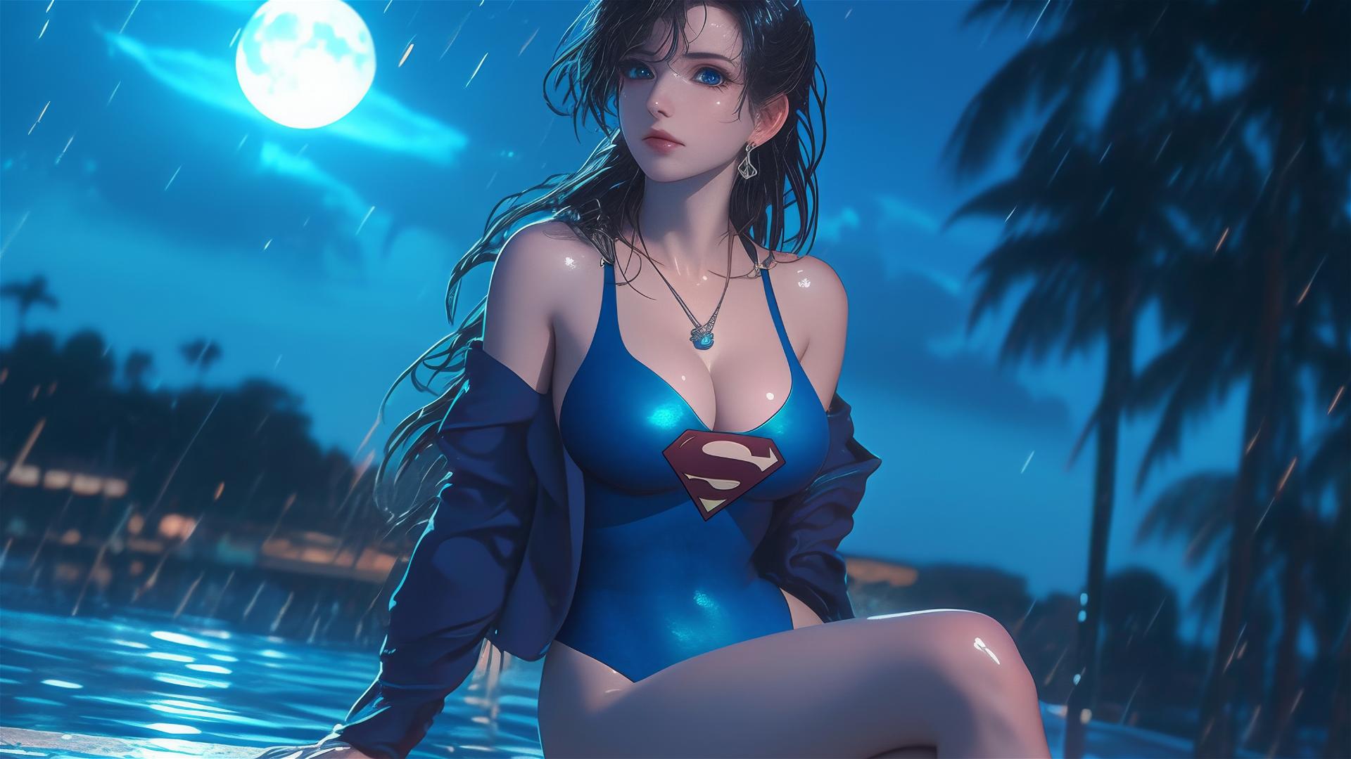 Superwoman resting at rainy swimming pool with moonlight glow