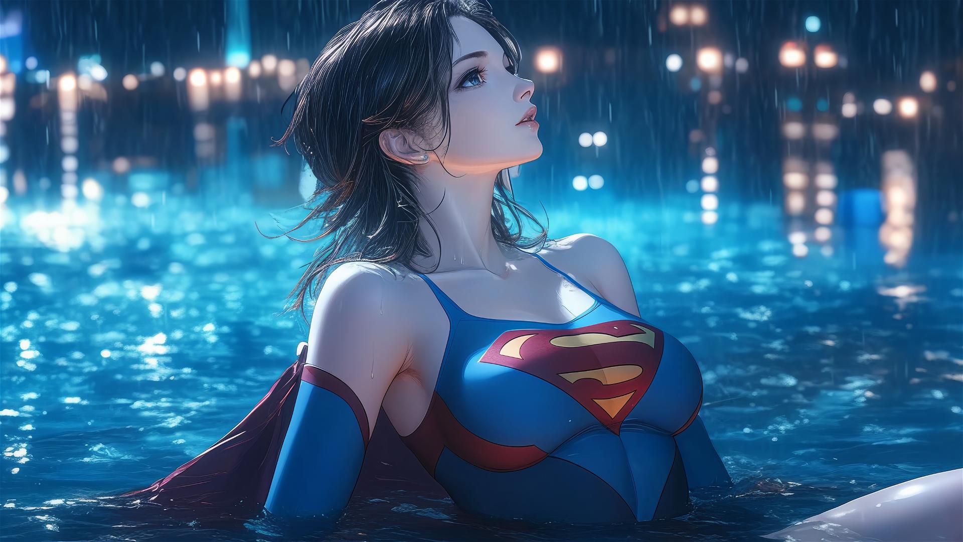 Superwoman resting by rainy swimming pool illuminated by moonlight