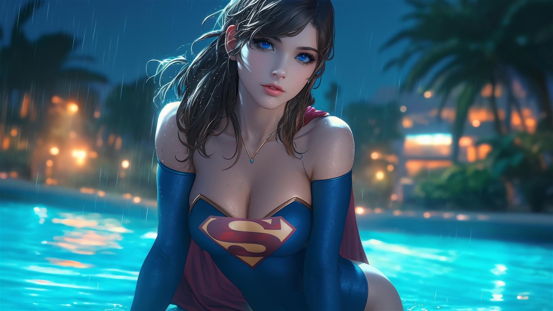 Superwoman leisurely resting at a rainy pool under moonlight
