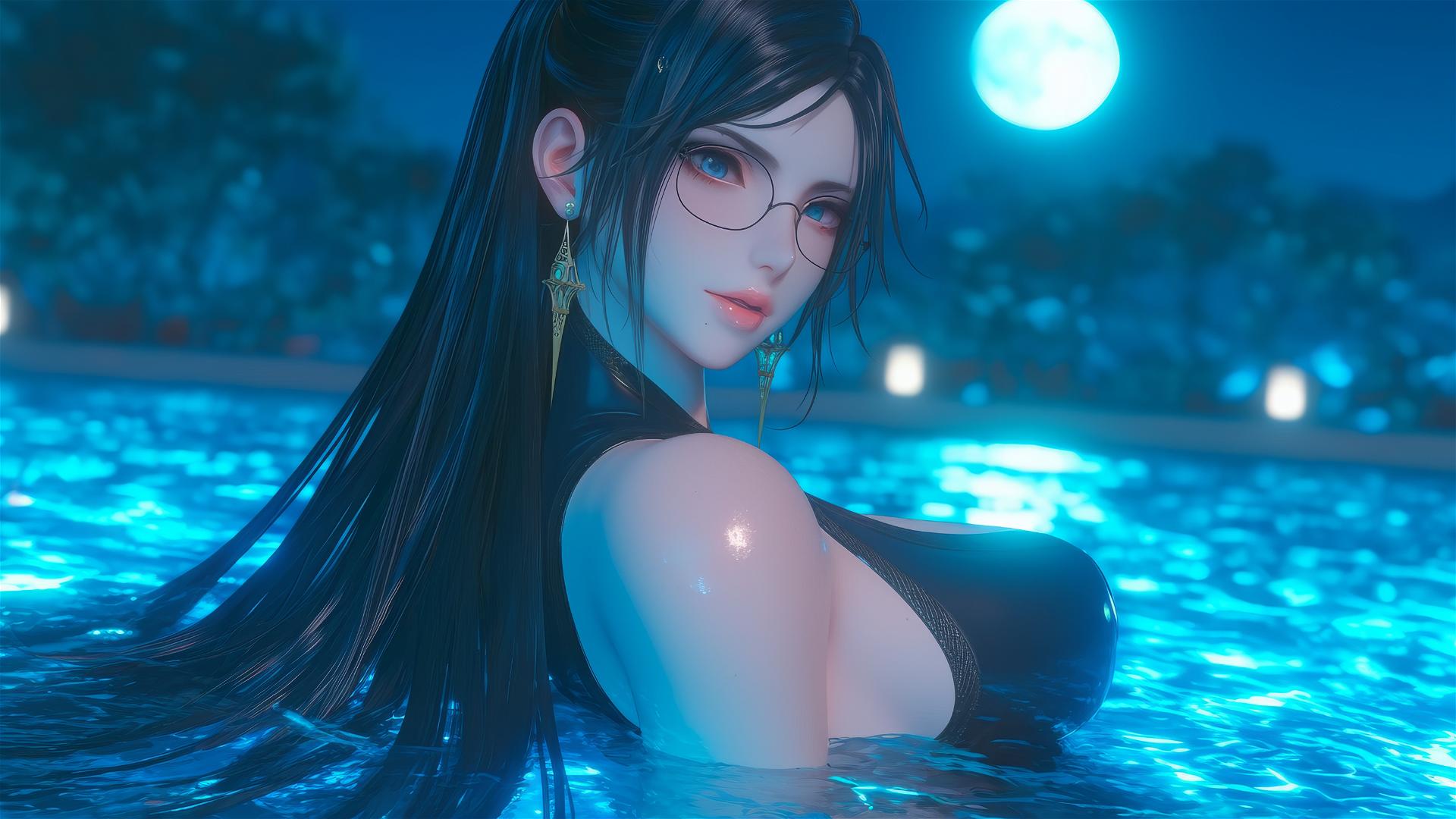 Bayonetta resting at a rainy swimming pool under soft moonlight glow.
