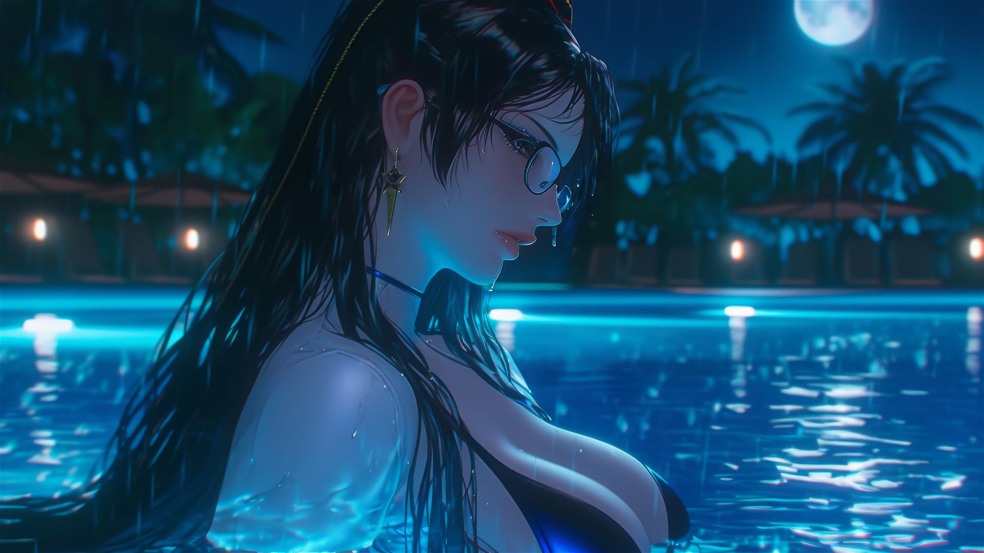 Bayonetta resting at rainy swimming pool with moonlight glow