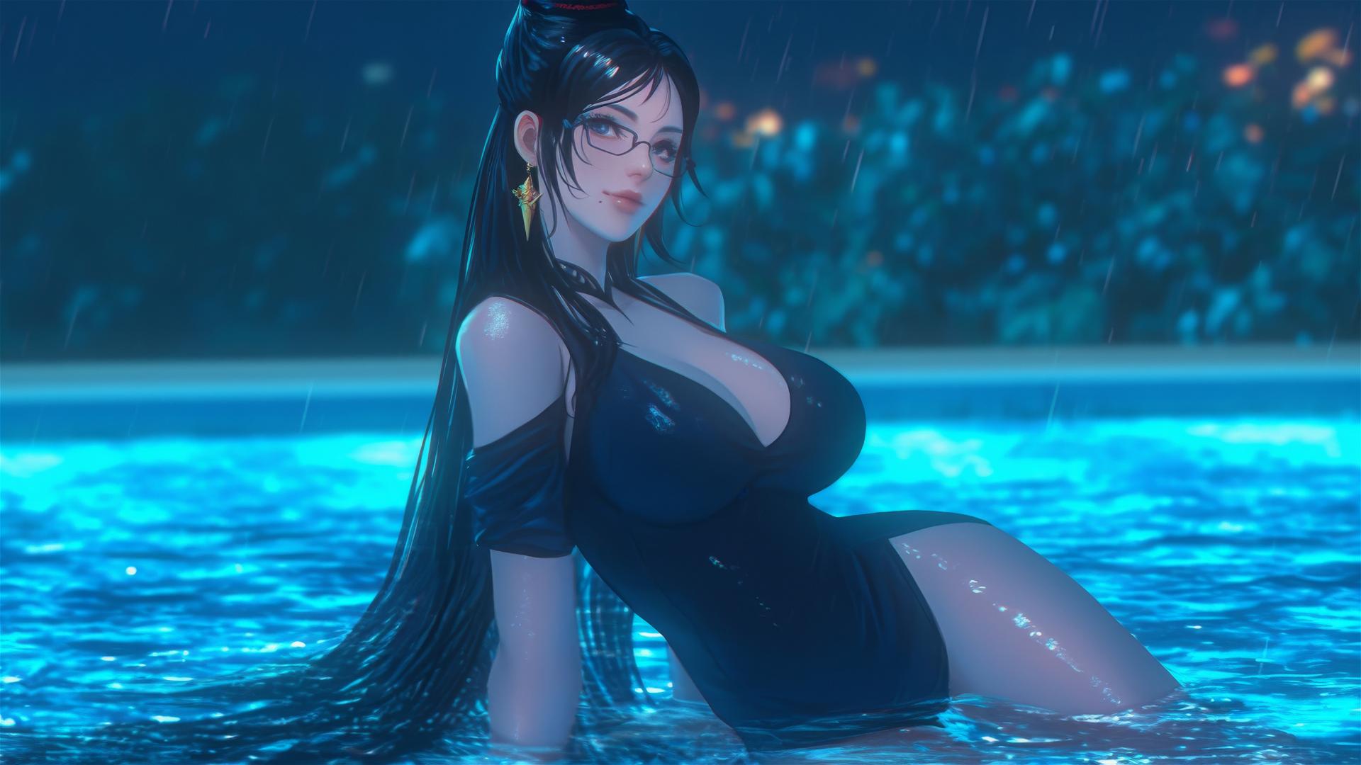 Bayonetta resting at a rainy swimming pool under moonlight