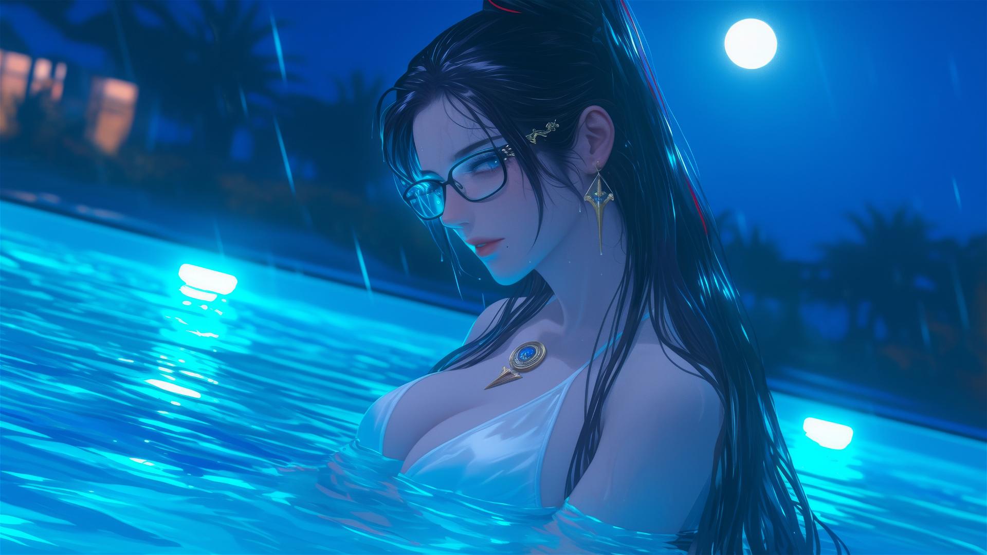 Bayonetta resting by a rainy swimming pool under moonlight