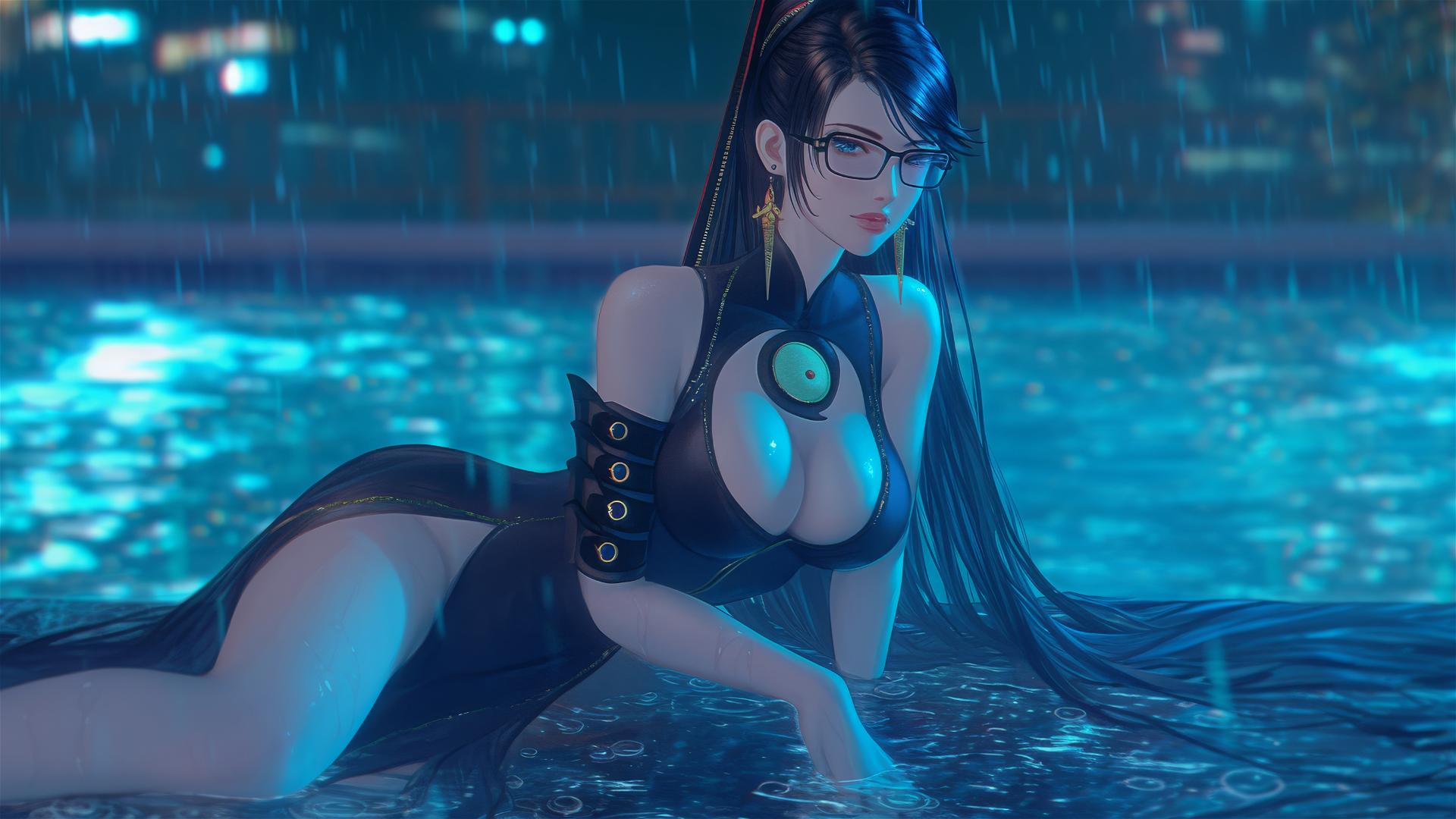 Bayonetta resting at a rainy swimming pool with moonlight glow