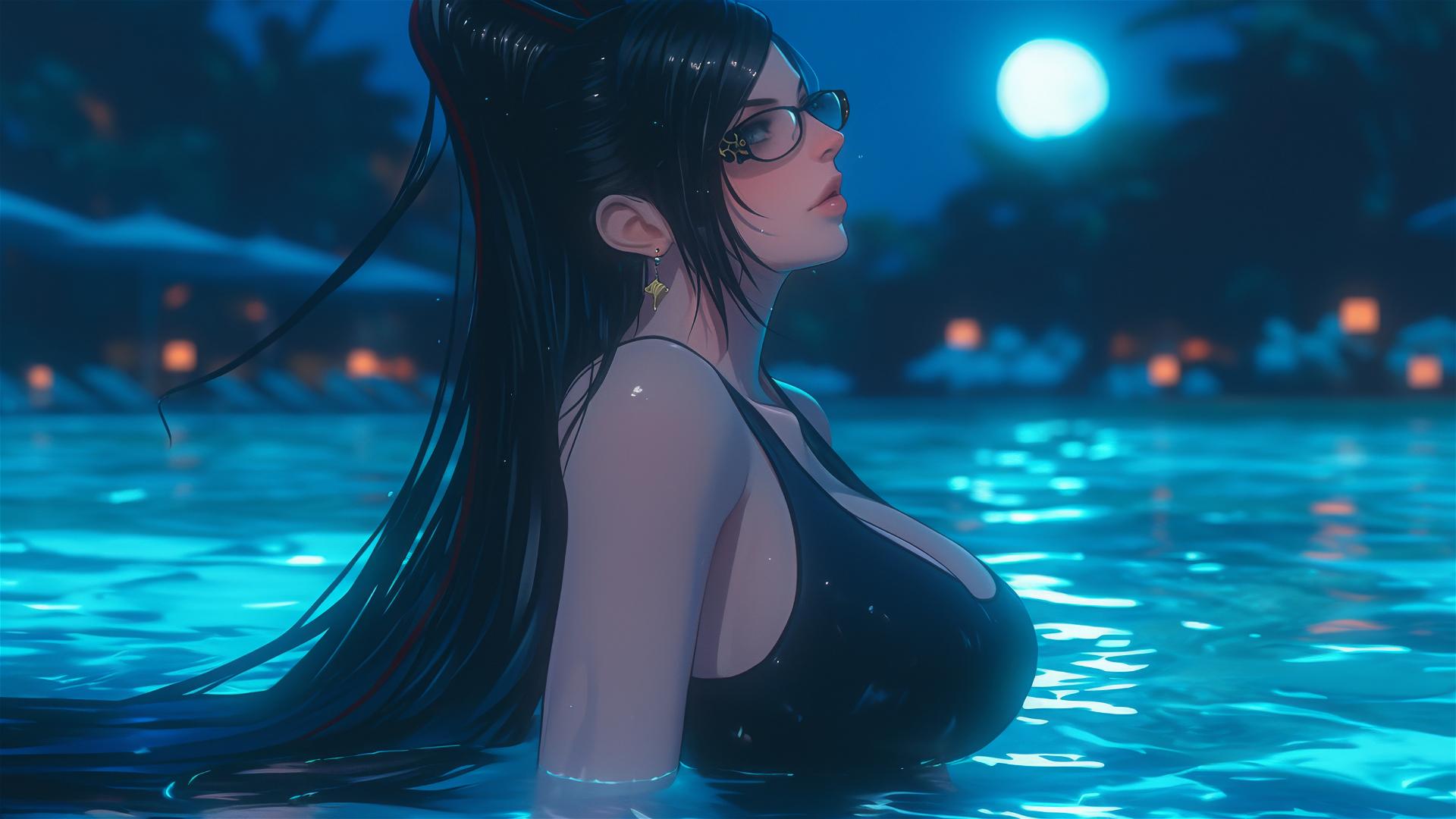Bayonetta resting by a rainy pool under moonlight