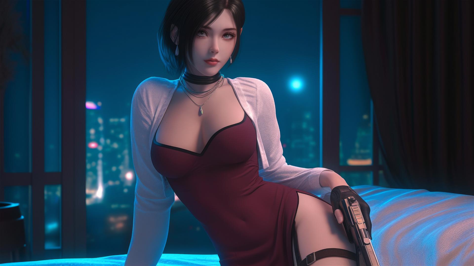 Ada Wong resting in a modern hotel room with moonlight glow