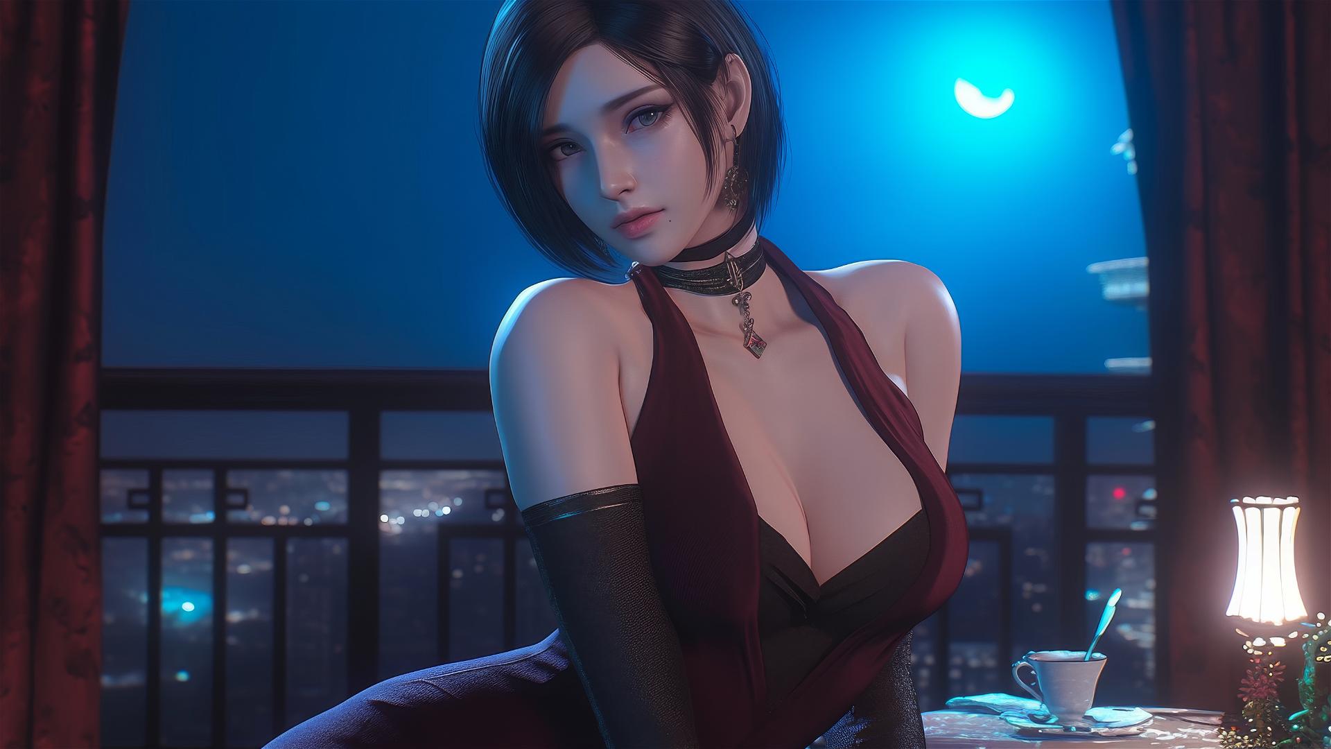 Ada Wong resting in a modern hotel room under moonlight
