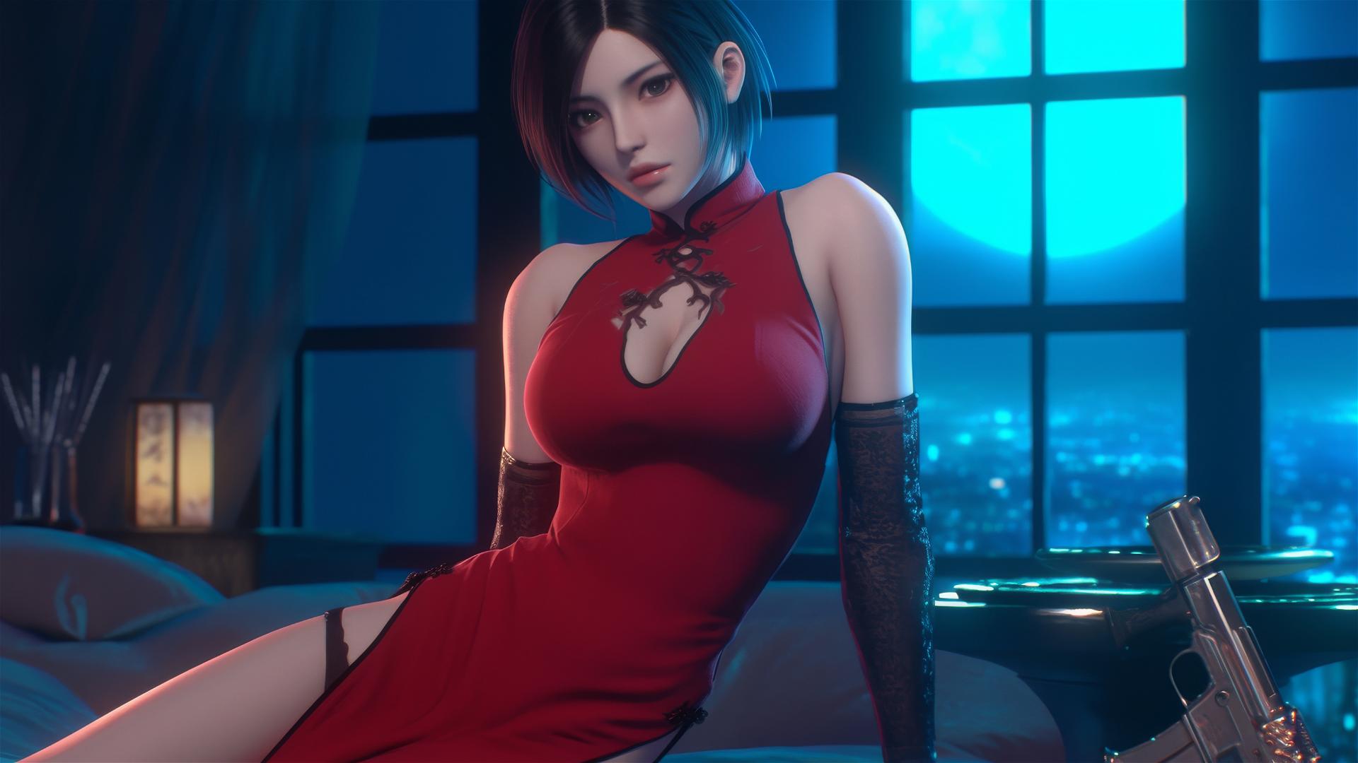Ada Wong resting in a modern hotel room with moonlight